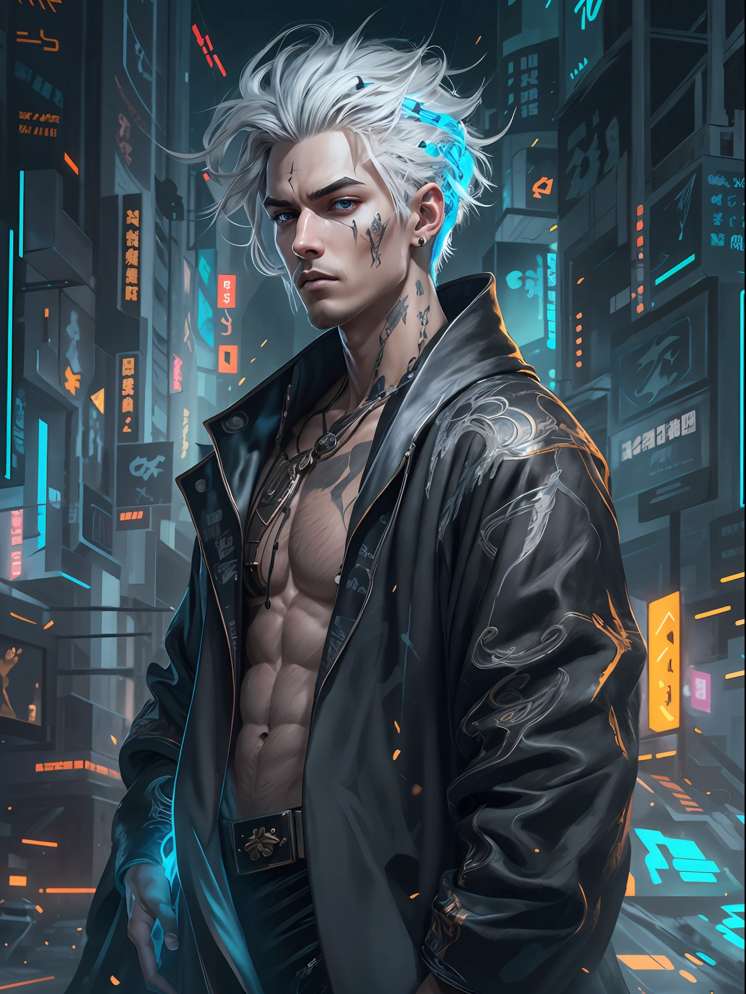 cyber punk perssonage ,A male，fansty world，tokyo background，Clean design，Epic Instagram，art  stations，Colorful paint splashes，contours，Hyper-detailed intricate details，unreal-engine，（Futuristic fantasy：1.3），（holographic projections：1.2），（cyber punk style：1.3），Complicated details，splash image，complementary colours，fantasy concept art，8K分辨率，A masterpiece of deviantart，oil painted，Heavy strokes，paint drips，（Isolate on a white background：1.3），Rainbow skins，(((A handsome young))), (glow blue eyes), ((Eyes have light))，((((Short gray hair:1.1))), ((black-clad)), (prinz\\(Indifferent expression\\),, (((Wearing a luxurious black robe with high details))), A head of white hair，(chest muscle) ，looking at viewert --v 6
