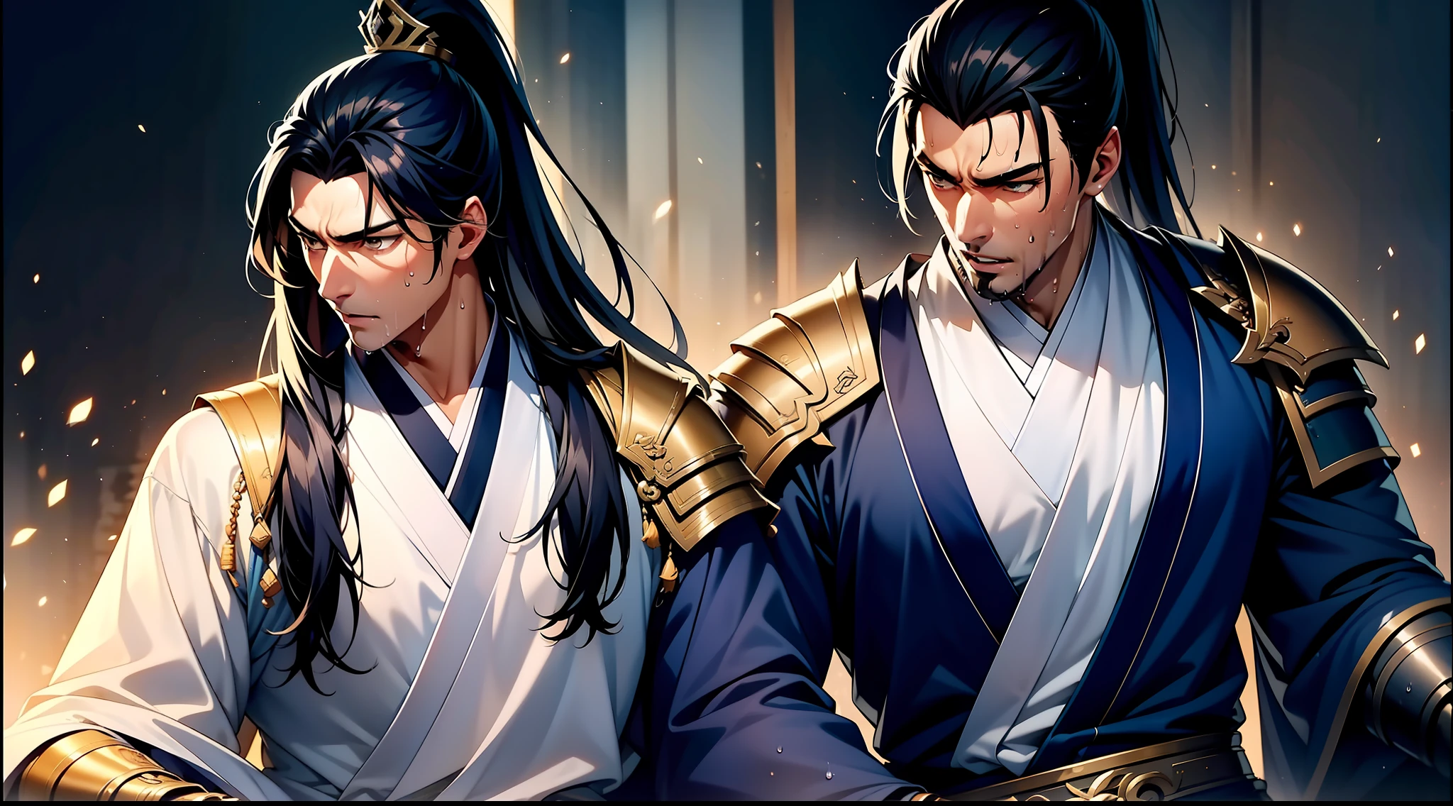 quadratic element,style of anime,mtu(Male Warrior),closeup of face,musculature,The proportions are correct,Face details,swordsmen,High ponytail hairstyle,perspired,Sweat on the face,drools,Neck details,There is an Adam's apple,Get wet,Drenched,White Hanfu,kaftan,Embroidered robes,Robe,clothes details,Handing over,longer sleeves,Wear arm guards、Armour,Game quality,Swordsmanship,Light and shadow tracking,Ray traching,detailed glow,cg render,hair detail,blue colored eyes(eyes glowing),cabelos preto e longos,Sweat on the face,Handsome,Handsome,Beads of sweat slipped down my neck,(juvenile sense),Clothing is complicated,Drenched,Get wet,Perfectcomposition,Refinement,high qulity,higher details,Lots of details,The background is complex,a sense of atmosphere,facial closeups,