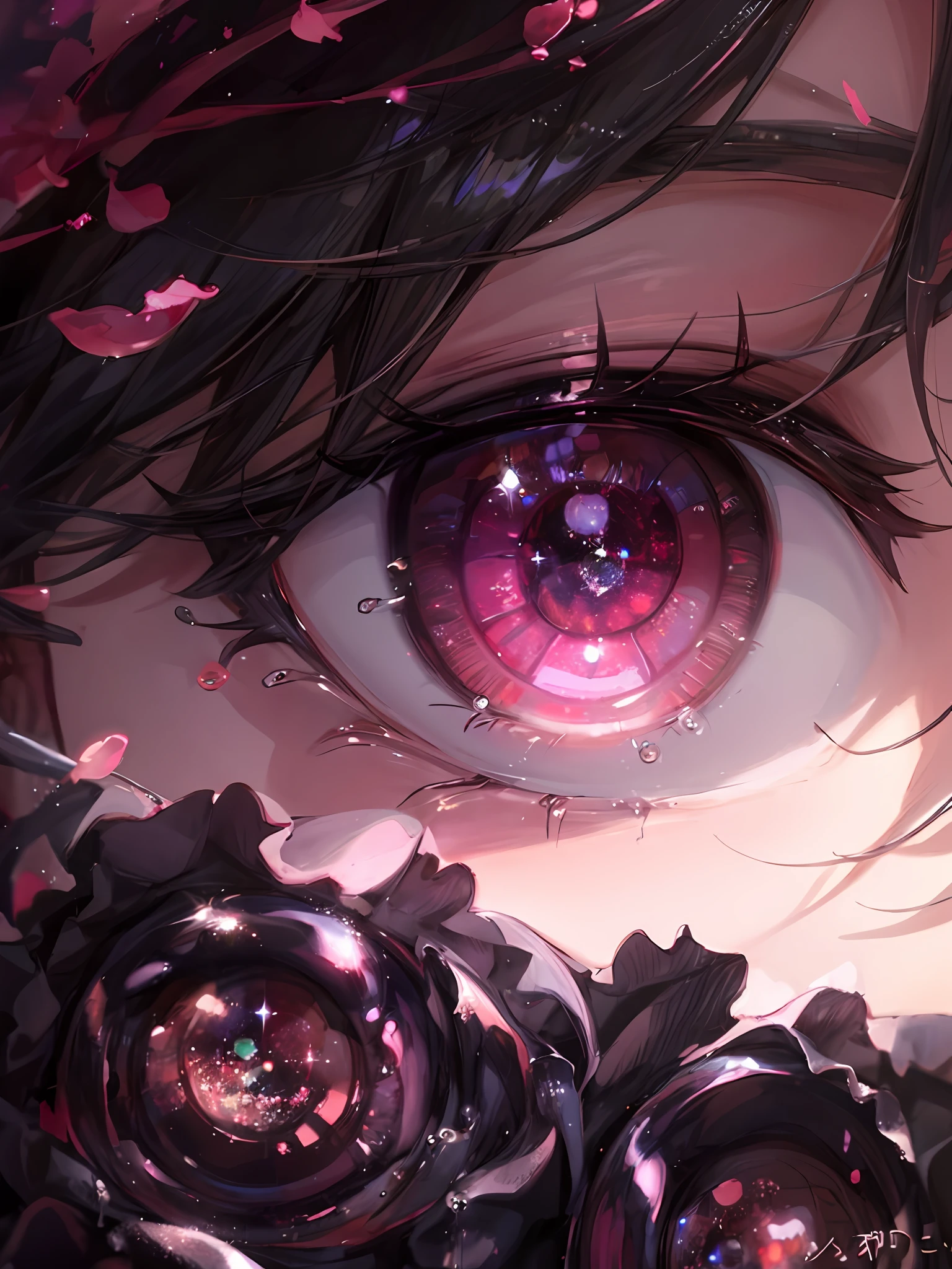 anime eyes with a green flower in the center, eye reflections, watery crystal glow eyed, wet reflections in eyes, eye reflection, wet relections in eyes, beautiful eye, tears dripping from the eyes, eye relections, sparkling eyes, watery eyes, wet eye relections, tears drip from the eyes, dreamy green eyes, sparkle in eyes, magical eyes