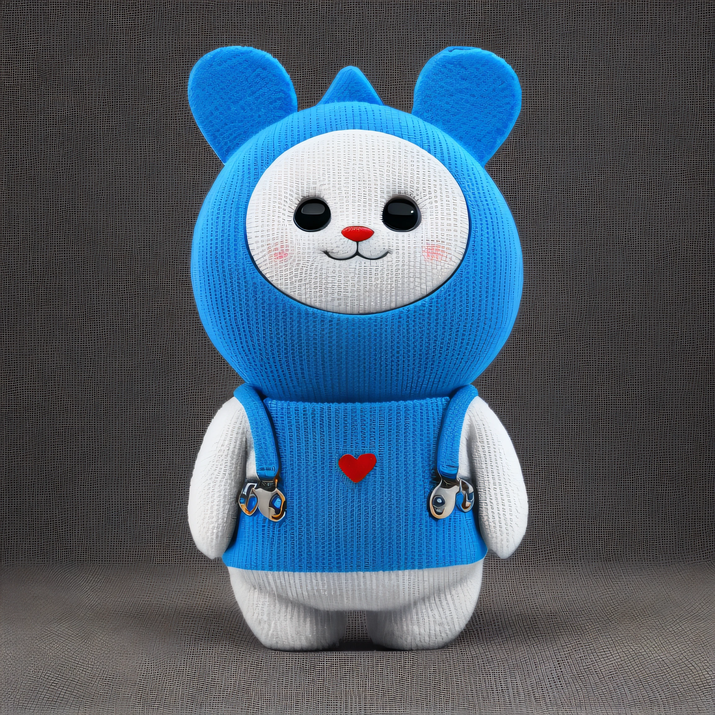 Close-up of toy in blue suspenders, 3D model of a Japanese mascot, electrode, Corey Behans HD, gogo, toonix character, gogo : :, Herren. nimbus character design, Cute! C4D, cute pictoplasma, zun, gmunk, guggimon, merged character, vinyl designer toy