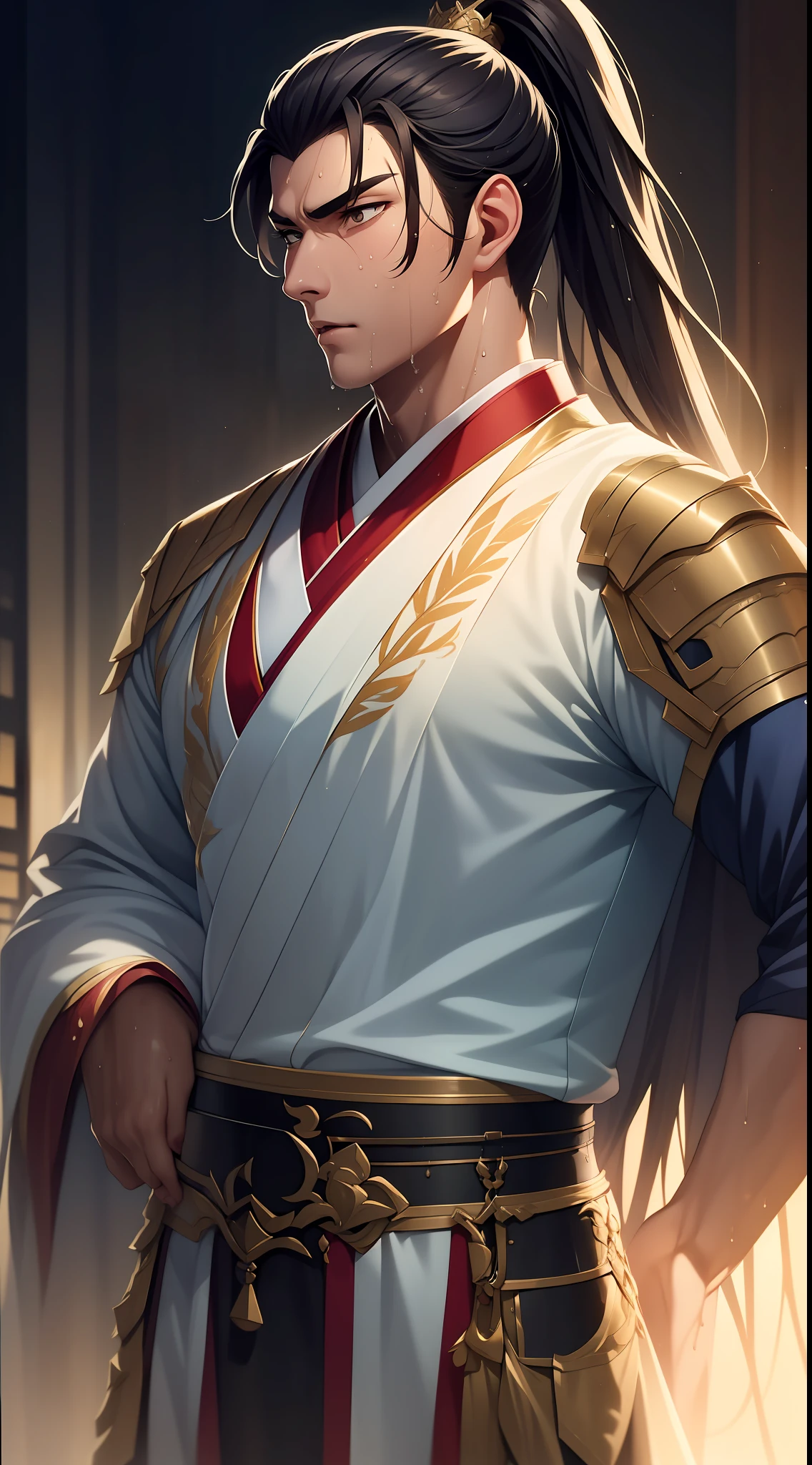 quadratic element，style of anime，mtu（Male Warrior），musculature，The proportions are correct，Face details，swordsmen，High ponytail hairstyle，perspired，Sweat on the face，drools，Neck details，There is an Adam's apple，Get wet，Drenched，Black Hanfu，kaftan，Embroidered robes，Black robe，clothes details，Handing over，longer sleeves，Game quality，Swordsmanship，Light and shadow tracking，Ray traching，detailed glow，cg render，hair detail，cabelos preto e longos，Golden eyes，Sweat on the face，Handsome，Handsome，Beads of sweat slipped down my neck，（juvenile sense），Clothing is complicated，Drenched，Get wet，Perfectcomposition，Refinement，high qulity，higher details，Lots of details，The background is complex，a sense of atmosphere，