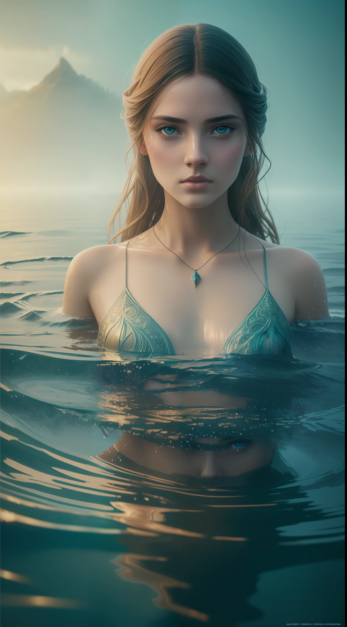 portrait of a beautiful young woman, half submerged in a misty lake, Intricate, elegant, Highly detailed, Orus, digital photography, The Art of Greg Rutkowski, Fantastic background, 64k, Full HD, poster, expressive eyes, saturated colors, photo
