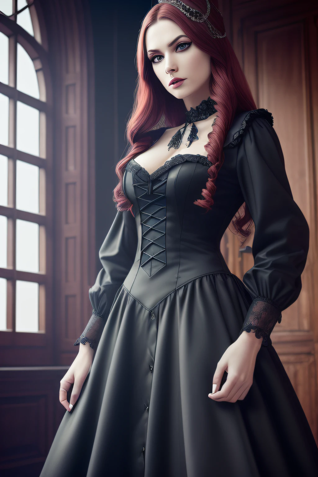 Masterpiece, 8K, wallpapers, (Detailed), ((full - body)), a handsome female, German, Adult face, (A stern look), Dark red hair bob, pale skin, gotik, witchy, (wearing dress), ((high skin detail, skin details)), sharp-focus, 8K UHD, dslr, hiquality, Film grain,