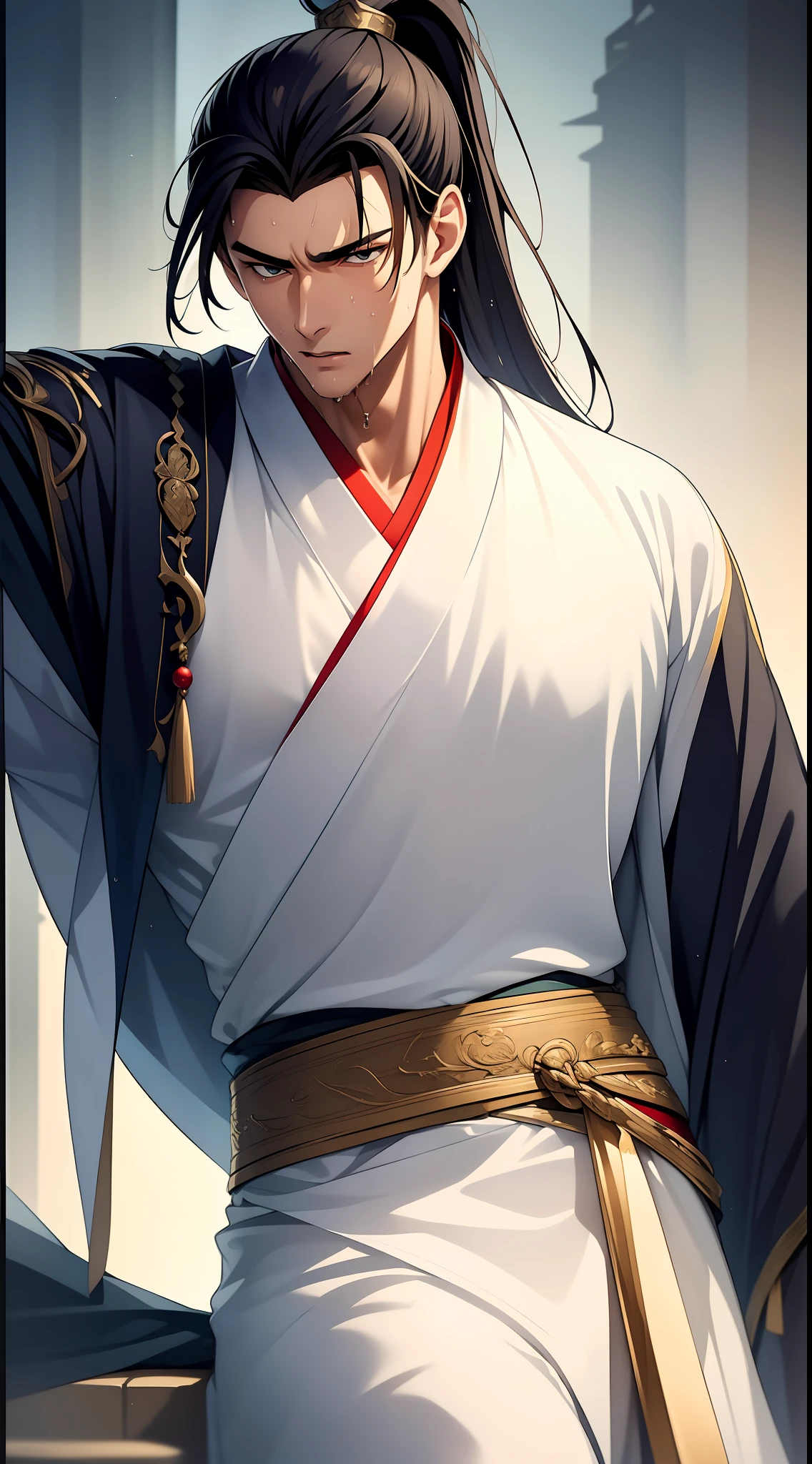 quadratic element,style of anime,mtu(Male Warrior),musculature,The proportions are correct,Face details,swordsmen,High ponytail hairstyle,perspired,Sweat on the face,drools,Neck details,There is an Adam's apple,Get wet,Drenched,Black Hanfu,kaftan,Embroidered robes,Black robe,clothes details,Handing over,longer sleeves,Game quality,Swordsmanship,Light and shadow tracking,Ray traching,detailed glow,cg render,hair detail,cabelos preto e longos,Golden eyes,Sweat on the face,Handsome,Handsome,Beads of sweat slipped down my neck,(juvenile sense),Clothing is complicated,Drenched,Get wet,Perfectcomposition,Refinement,high qulity,higher details,Lots of details,The background is complex,a sense of atmosphere,