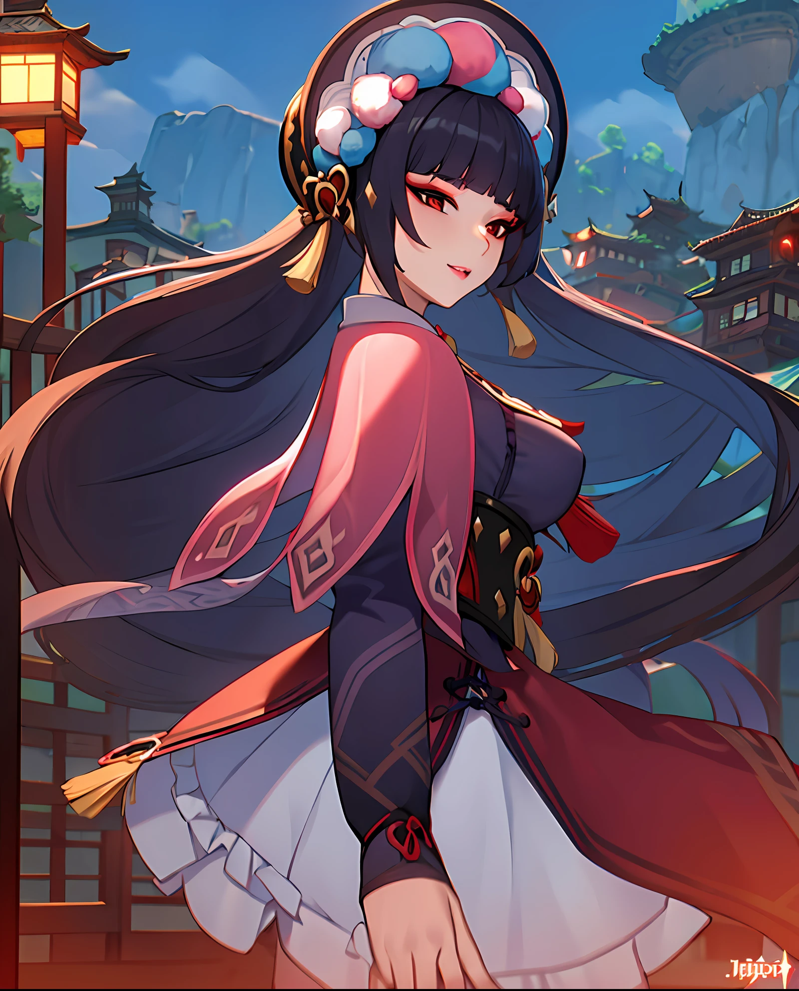 ((masterpiece:1.2)), yunjin(genshin impact), best quality, (pretty face), dramatic lighting,1girl, solo, blunt bangs, hime cut, black corset, black hair, collar, mascara, ((red eyeshadow)), long hair, sidelocks, floating hair, looking at viewer, (makeup), pink capelet, qi lolita, red eyes, puffy long sleeves, bonnet, purple dress, ((large breasts)), parted lips, light smile, long skirt, (purple pantyhose), (wind blowing skirt), anime screencap, (night sky), east asian architecture, Liyue, tassel, black footwear, (half closed eyes), genshin impact, boots, (full body view), ((official art)),