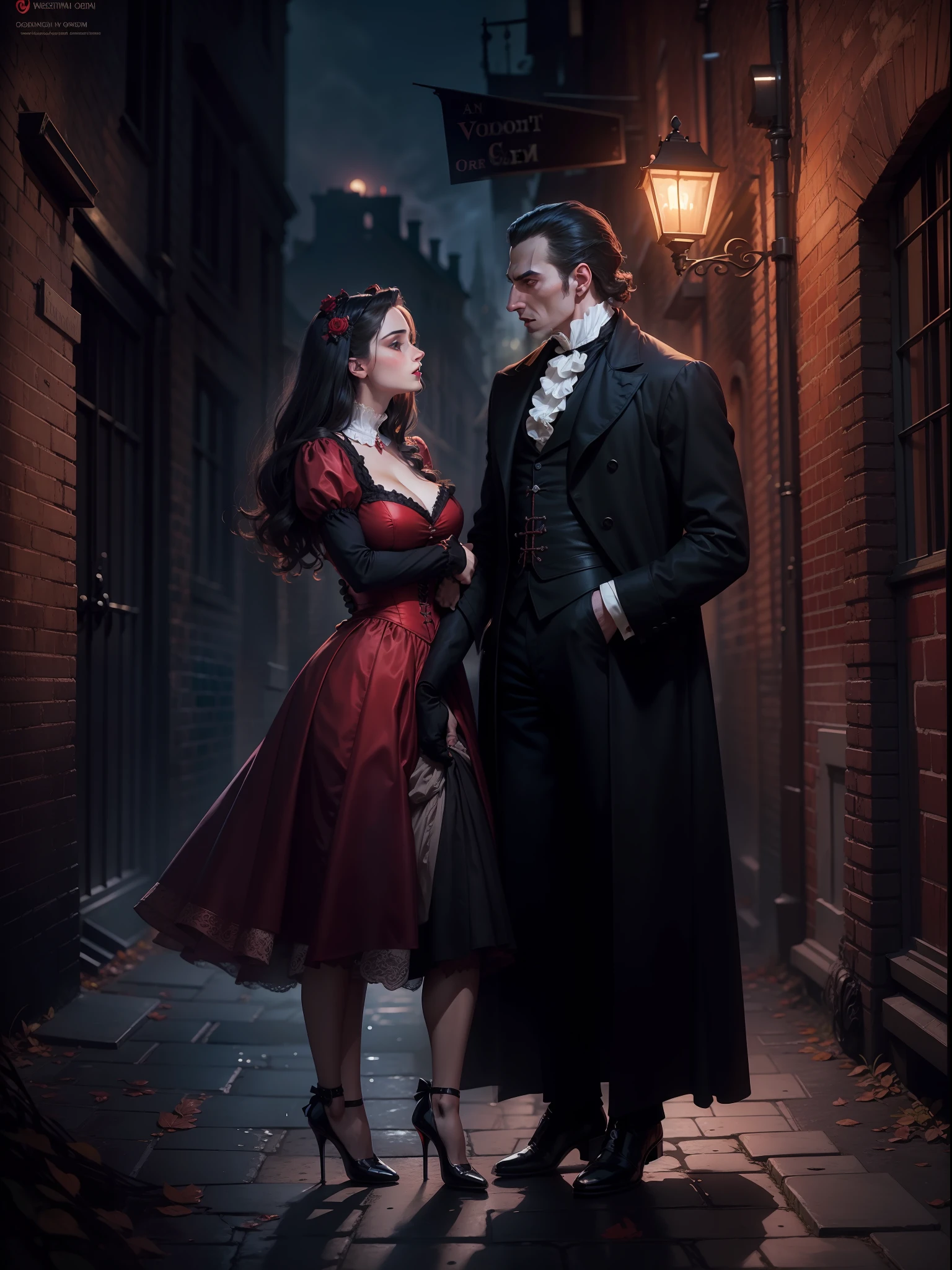 Count Dracula meeting a young and sensual woman in an alley, perfect faces, perfect ???????, Victorian London, bricks, mysterious scene, London fog, night, full moon, 8K, vivid colors, dynamic, chaotic, movie poster.