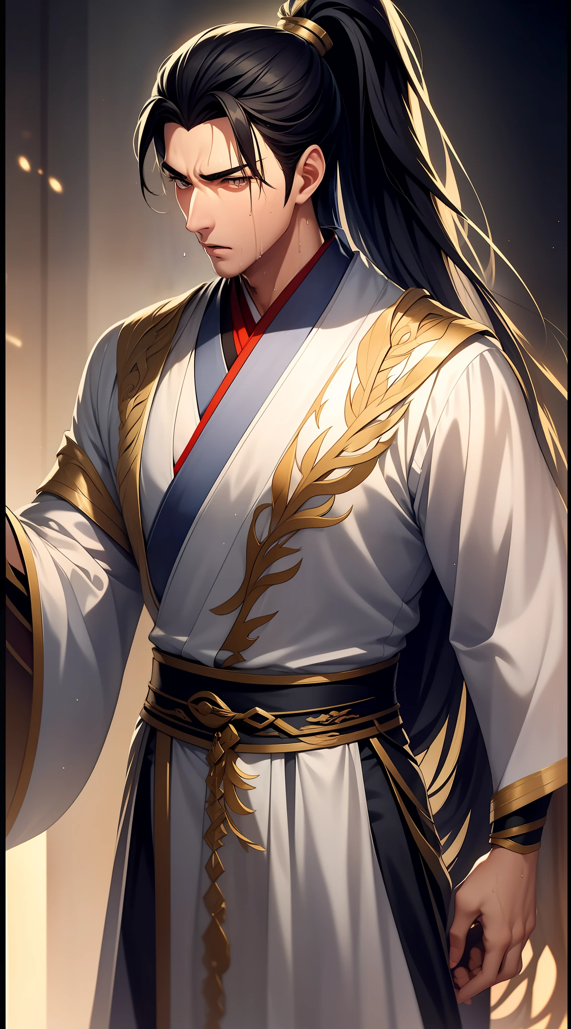 quadratic element,style of anime,mtu(Male Warrior),musculature,The proportions are correct,Face details,swordsmen,High ponytail hairstyle,perspired,Sweat on the face,drools,Neck details,There is an Adam's apple,Get wet,Drenched,Black Hanfu,kaftan,Embroidered robes,Black robe,clothes details,Handing over,longer sleeves,Game quality,Swordsmanship,Light and shadow tracking,Ray traching,detailed glow,cg render,hair detail,cabelos preto e longos,Golden eyes,Sweat on the face,Handsome,Handsome,Beads of sweat slipped down my neck,(juvenile sense),Clothing is complicated,Drenched,Get wet,Perfectcomposition,Refinement,high qulity,higher details,Lots of details,The background is complex,a sense of atmosphere,
