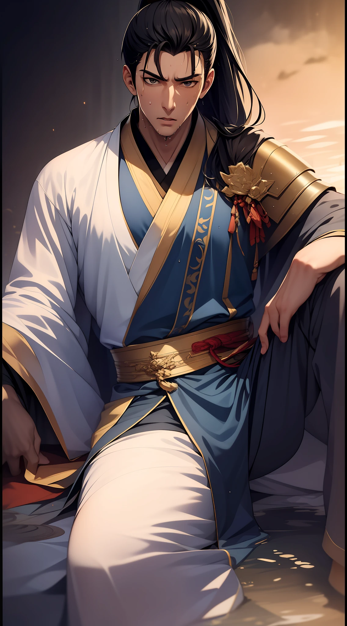 quadratic element,style of anime,mtu(Male Warrior),musculature,The proportions are correct,Face details,swordsmen,High ponytail hairstyle,perspired,Sweat on the face,drools,Neck details,There is an Adam's apple,Get wet,Drenched,Black Hanfu,kaftan,Embroidered robes,Black robe,clothes details,Handing over,longer sleeves,Game quality,Swordsmanship,Light and shadow tracking,Ray traching,detailed glow,cg render,hair detail,cabelos preto e longos,Golden eyes,Sweat on the face,Handsome,Handsome,Beads of sweat slipped down my neck,(juvenile sense),Clothing is complicated,Drenched,Get wet,Perfectcomposition,Refinement,high qulity,higher details,Lots of details,The background is complex,a sense of atmosphere,