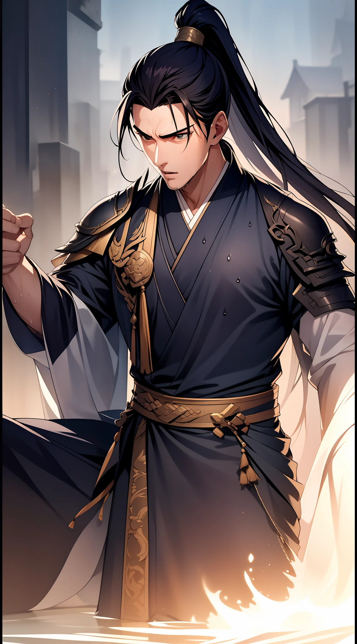quadratic element，style of anime，mtu（Male Warrior），musculature，The proportions are correct，Face details，swordsmen，High ponytail hairstyle，perspired，Sweat on the face，drools，Neck details，There is an Adam's apple，Get wet，Drenched，Black Hanfu，kaftan，Embroidered robes，Black robe，clothes details，Handing over，longer sleeves，Game quality，Swordsmanship，Light and shadow tracking，Ray traching，detailed glow，cg render，hair detail，cabelos preto e longos，Golden eyes，Sweat on the face，Handsome，Handsome，Beads of sweat slipped down my neck，（juvenile sense），Clothing is complicated，Drenched，Get wet，Perfectcomposition，Refinement，high qulity，higher details，Lots of details，The background is complex，a sense of atmosphere，