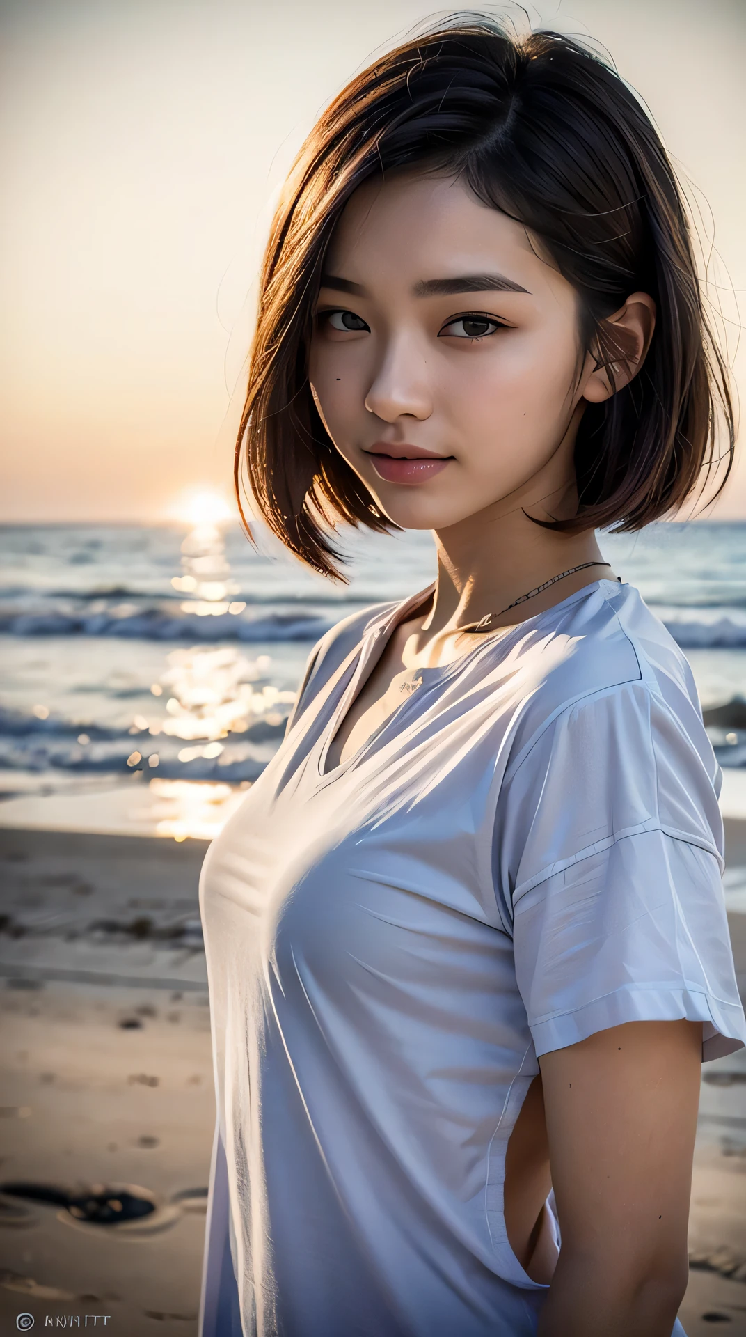 8k, best quality, masterpiece, realistic, ultra detail, photo realistic, hyper realistic, smoother lighting, increase cinematic lighting quality, realistic lighting, backlighting, brightening light, Increase quality, best quality real texture skin,
close-up, slender, cute face, smile, beautiful details eyes, 19years old korean, pretty, Curved bob hair with magenta color, shirt, beach,