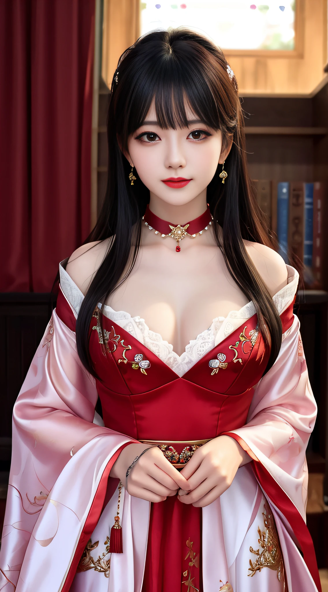 Best quality at best，tmasterpiece，A high resolution，1girl，Transparent red silk porcelain dress，beautiful  face，hair adornments，looking at viewert，ssmile，closing the mouth，cparted lips，shift dresses，hair adornments，choker necklace，jewely，long whitr hair，耳Nipple Ring，beautiful  face，upon body，dingdall effect，真实感，dark studio，edge lit，twotonelighting，（highdetailskin：1.2），8k uhd，digital SLR camera，softlighting，high qulity，Volumetriclighting，sneak shot，photore，A high resolution，4k，8k，Background bokeh