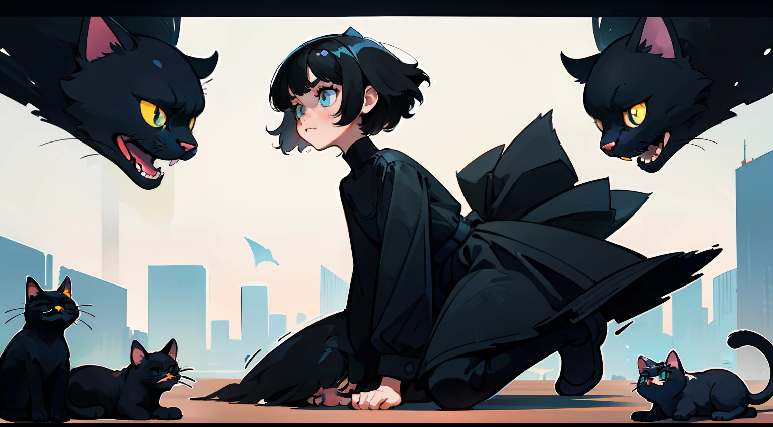 A girl with short black hair,A huge black cat,The cat wants to eat the girl,Left and right composition,Size contrast,Illustration style,Maintain uniformity