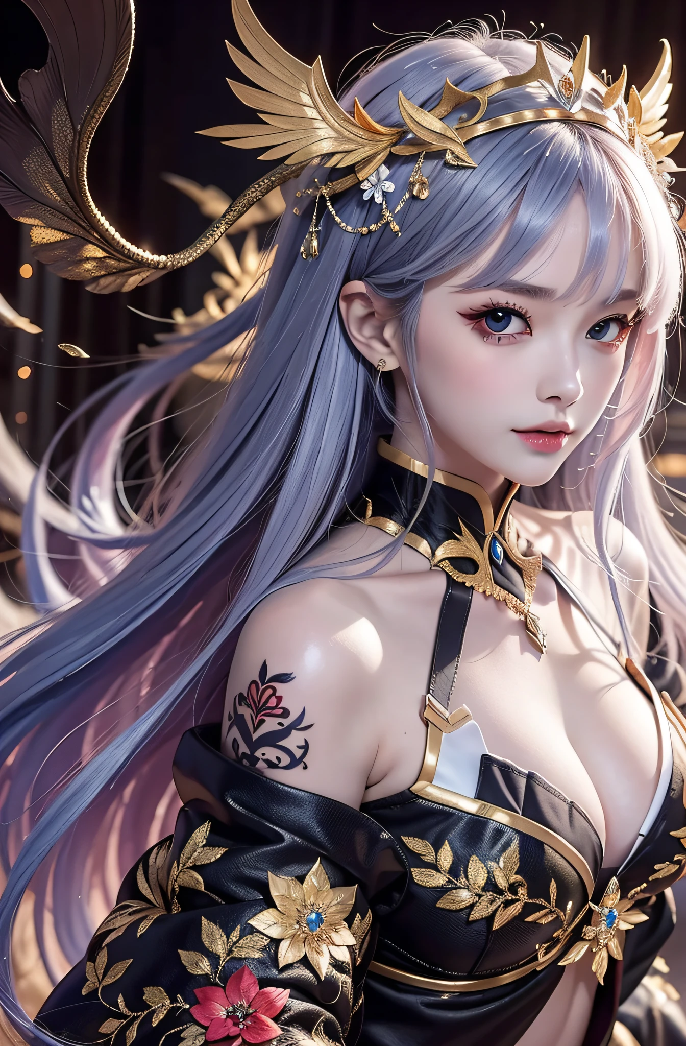 ​masterpiece、top-quality、Golden hair、Blue lightning、life-like、realistic detail、High Details。sexy  pose。red clothing。Blue Thunder。Blue crystal。Black suspended particles。Black smoke。fe。Black crystals around。Black smoke wafting around。Warping the body。Warping the body。banya。The Darkness。Ochi Yami Yugi。Troubled look。length hair。1girl in, Beautie, , Fine skin, anicos_No 1,, a navel, Detached sleeves, bare shoulders​, Central opening, cleavage of the breast,, middlebreasts, Long feather hair clip, Blue hair ornament, thigh highs,Look at viewers,in isekai, Ochi Yami Yugi。seductiv。Brainkill。tattooed。Gold pattern at chest.。Bright tattoos。Bright tattoos。demonic wings。Black and gold tiara。tiarra。Intricate and luxurious tiaras。smil。Luminous blade。