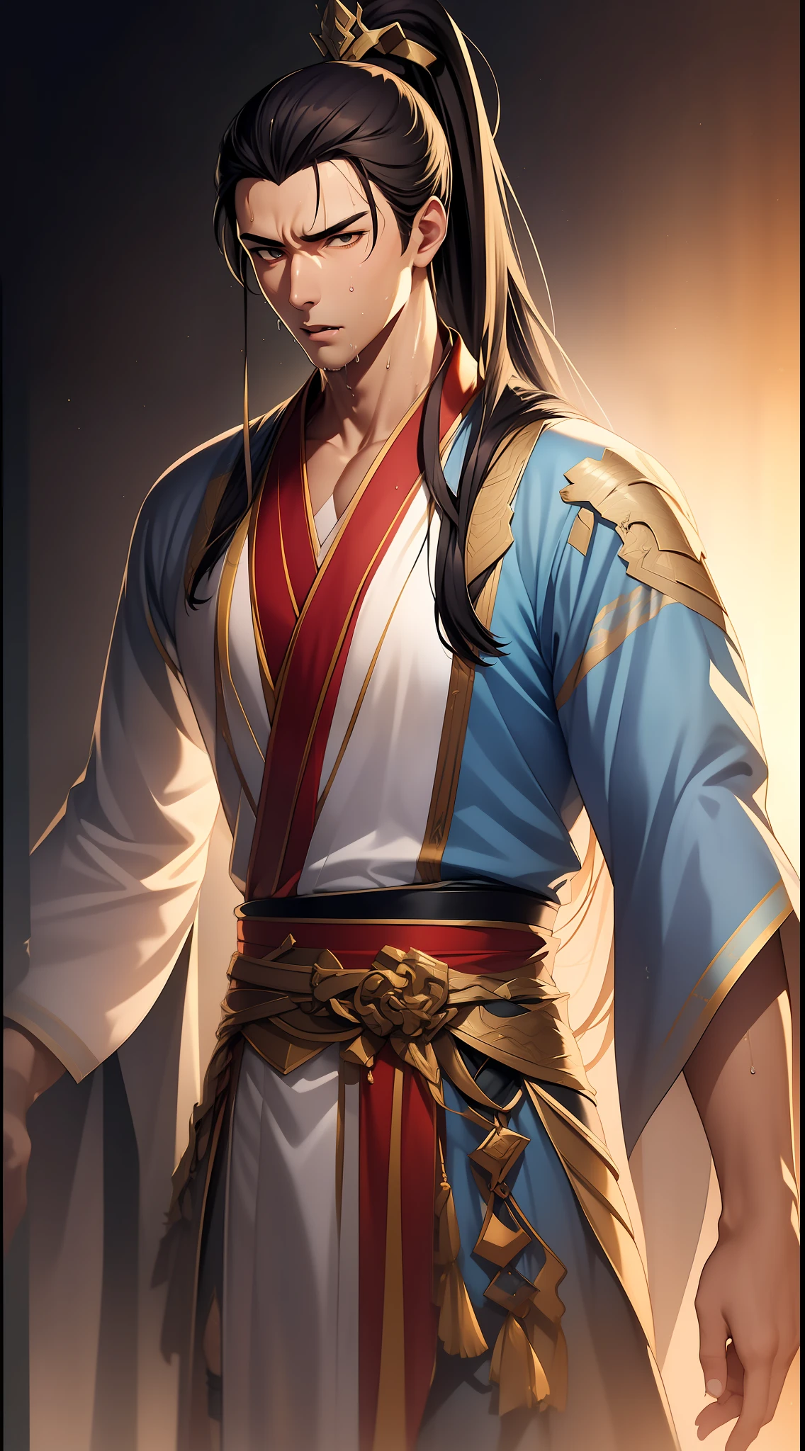 quadratic element，style of anime，mtu（Male Warrior），musculature，The proportions are correct，Face details，swordsmen，High ponytail hairstyle，perspired，Sweat on the face，drools，Neck details，There is an Adam's apple，Get wet，Drenched，Black Hanfu，kaftan，Embroidered robes，Black robe，clothes details，Handing over，longer sleeves，Game quality，Swordsmanship，Light and shadow tracking，Ray traching，detailed glow，cg render，hair detail，cabelos preto e longos，Golden eyes，Sweat on the face，Handsome，Handsome，Beads of sweat slipped down my neck，（juvenile sense），Clothing is complicated，Drenched，Get wet，Perfectcomposition，Refinement，high qulity，higher details，Lots of details，The background is complex，a sense of atmosphere，