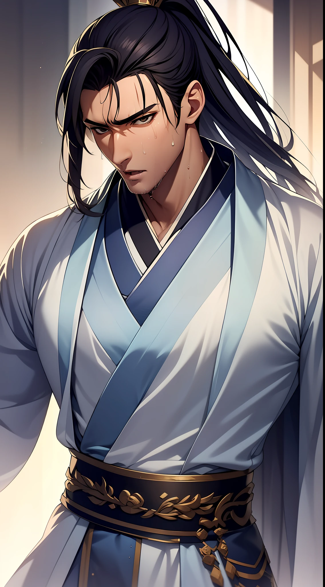 quadratic element,style of anime,mtu(Male Warrior),musculature,The proportions are correct,Face details,swordsmen,High ponytail hairstyle,perspired,Sweat on the face,drools,Neck details,There is an Adam's apple,Get wet,Drenched,Golden Hanfu,kaftan,Embroidered robes,Gold robe,clothes details,Handing over,longer sleeves,Game quality,Swordsmanship,Light and shadow tracking,Ray traching,detailed glow,cg render,hair detail,cabelos preto e longos,Golden eyes,Sweat on the face,Handsome,Handsome,Beads of sweat slipped down my neck,(juvenile sense),Clothing is complicated,Drenched,Get wet,Perfectcomposition,Refinement,high qulity,higher details,Lots of details,The background is complex,a sense of atmosphere,