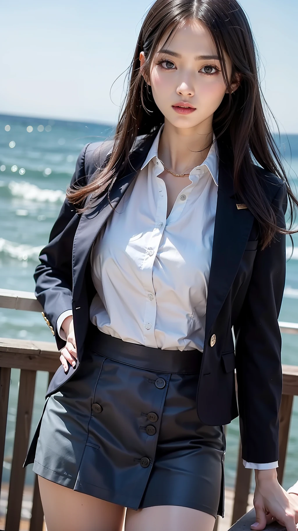 top-quality, masterpiece, Photorealsitic:1.4, High Detail RAW Color Photography, Skin Details, softlight, modeled, (((blazers, a miniskirt))), senior, A sexy, sea side, extra detailed face, Highly detailed and expressive eyes