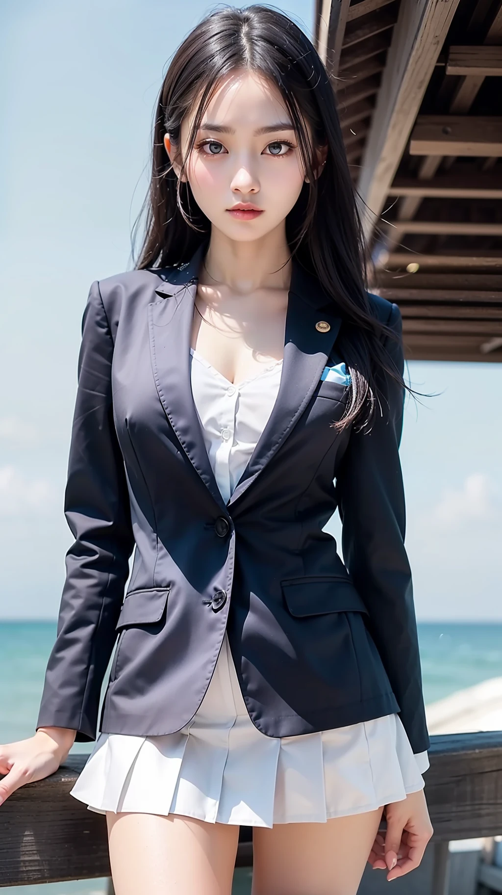 top-quality, masterpiece, Photorealsitic:1.4, High Detail RAW Color Photography, Skin Details, softlight, modeled, (((blazers, a miniskirt))), senior, A sexy, sea side, extra detailed face, Highly detailed and expressive eyes