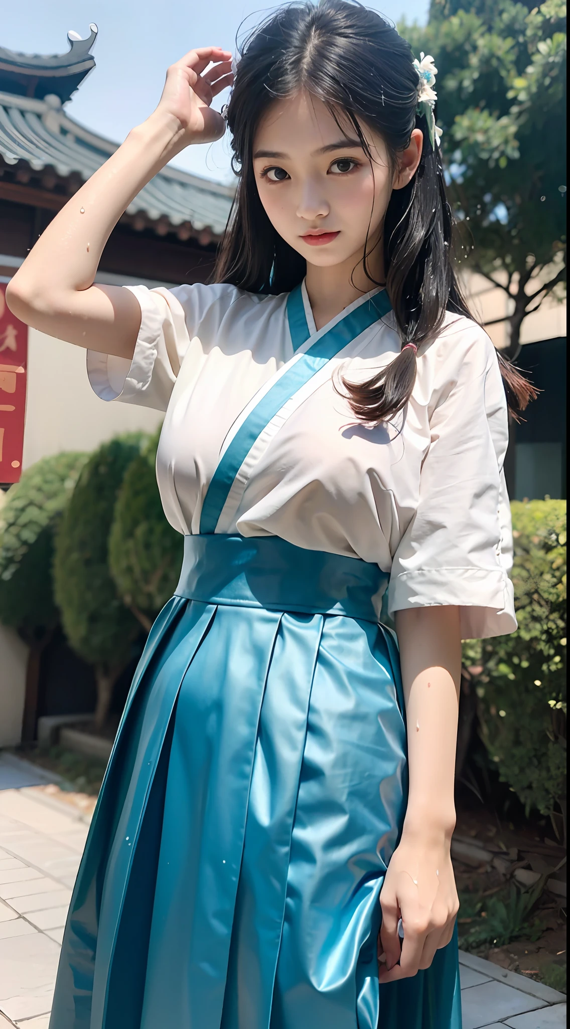 Master quality, highest quality, best picture quality, exaggerated details, a cute 8  asian little gth a shy expression, slightly squinted eyes, adjusting her hair, long eyelashes (long hair / very, very exaggerated big breasts / in hanfu chinese luxury) sexy, posing in front of the camera, wet cloth