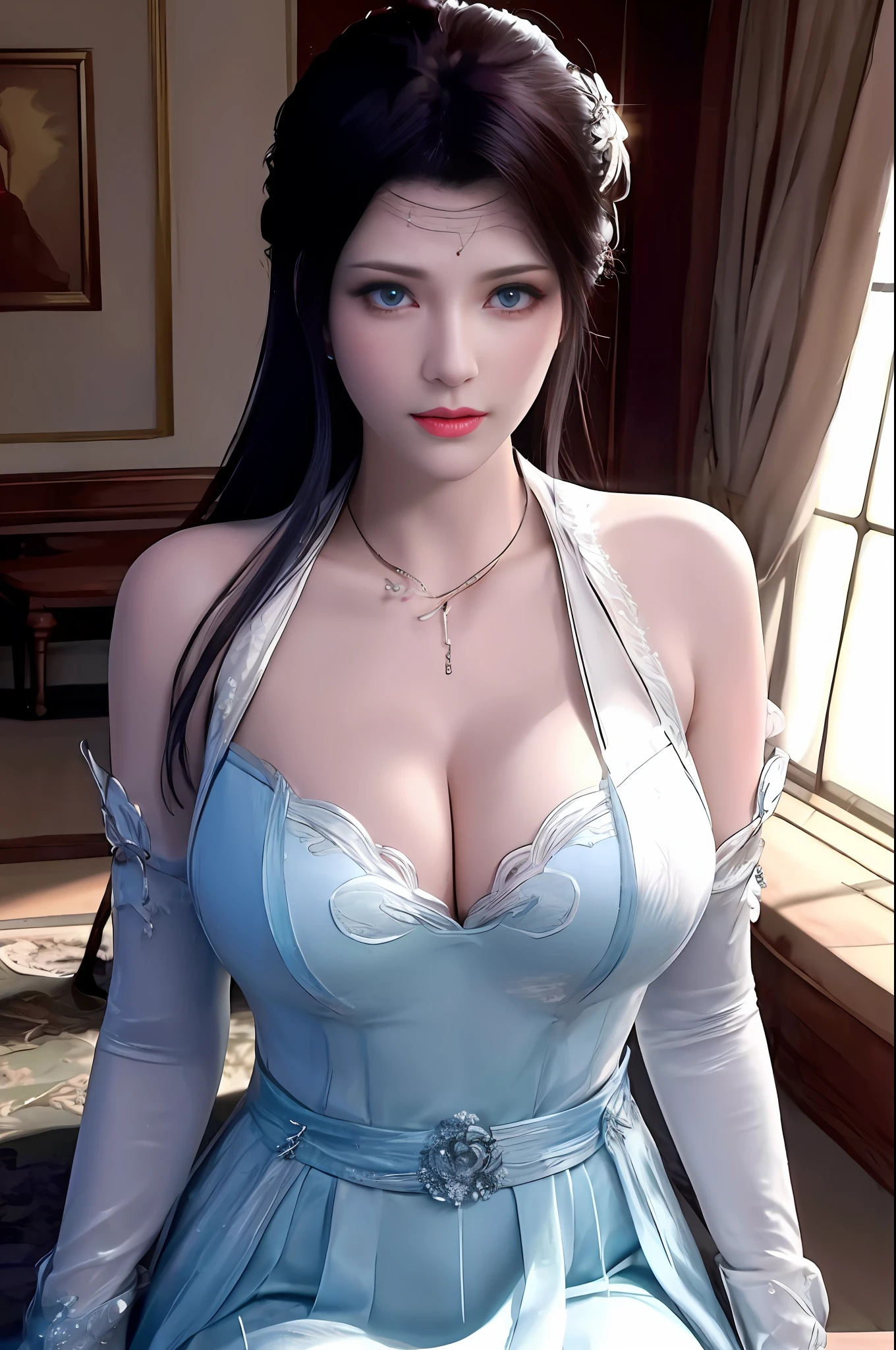 best quality, masterpiece,highres, top body is hyperrealistic thicc muscle and hyper largest_breasts!! with the type of boobs_melons, lower is huge buttocks, wet shiny body,(((yunyun))) ,necklace,hair ornament, (Beautiful face), looking at viewer, standing, ((half body)), blue open dress,  left arm reaching out, right arm hanging down