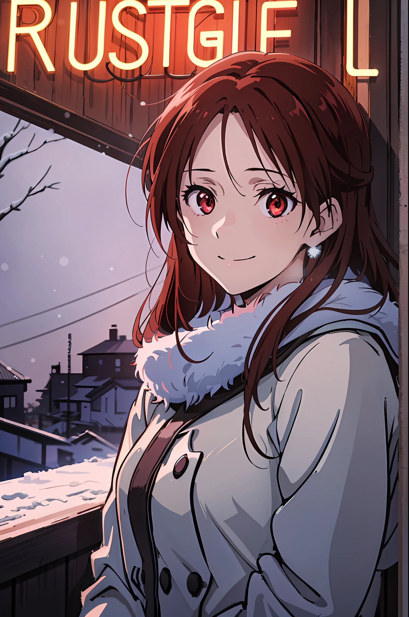 (highres, best quality:1.2), 1girl, 1girl, sparkling eyes, radiance, soft contours, beautiful drawing, upper body, concept art, neon light, eyelashes, minna dietlinde wilke, long red hair, red eyes, shy smile, winter, snow, coat, rosy cheeks, kyoani hyouka style