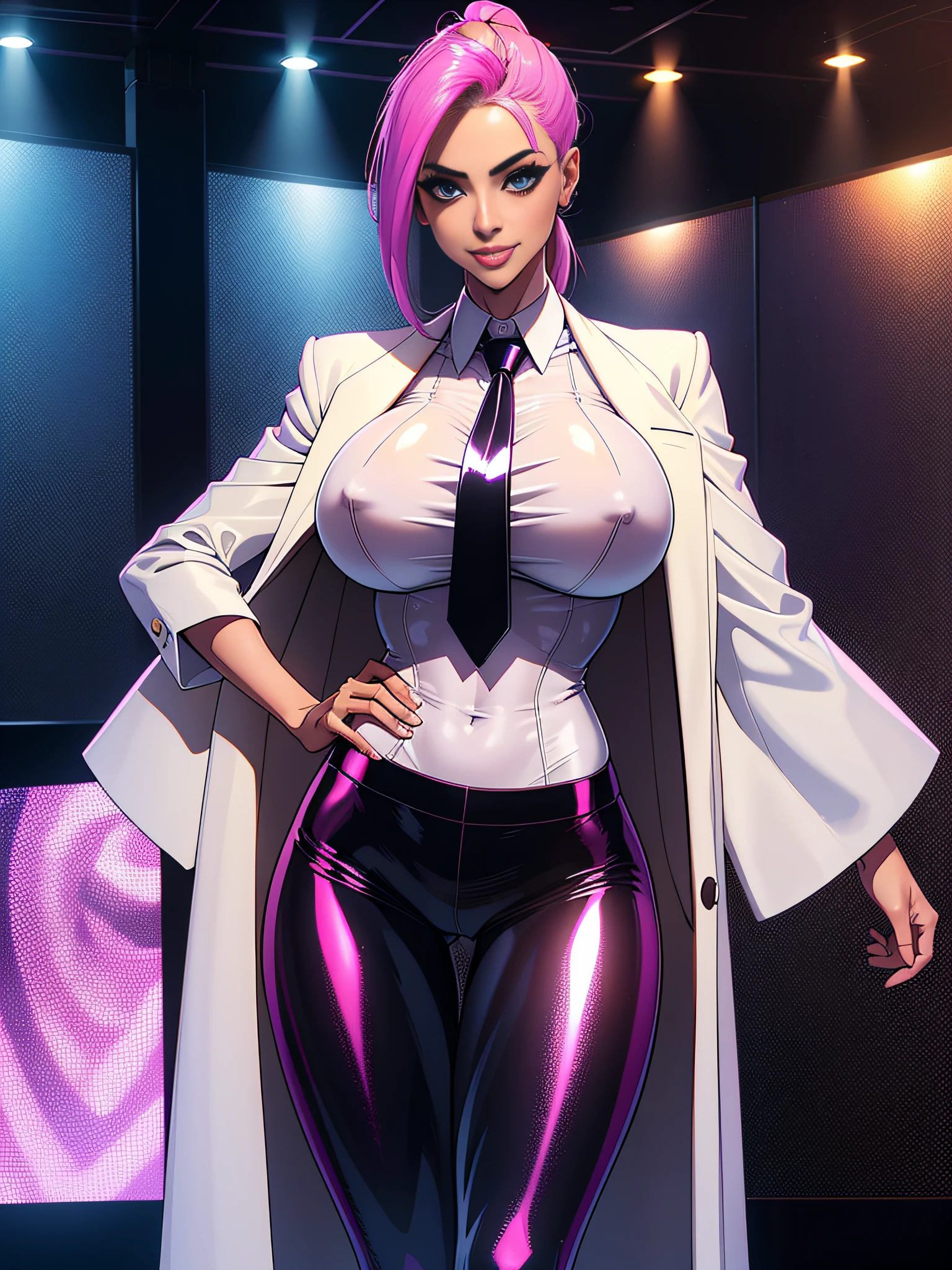 Five-fingered、Career Woman、Business suits、Colossal breasts that are about to burst、long legged、Fitness Model、musculature、abdominals、Height 175cm、poneyTail、Long pants that fit the legs、Glossy jacket、shirt、neck tie、skin tanned、a smile、clothes shiny、full-body view、Clothes that shine in iridescent colors、publicity cosplay、full-cosplay、taken with canon 5d mk4、cosplay foto