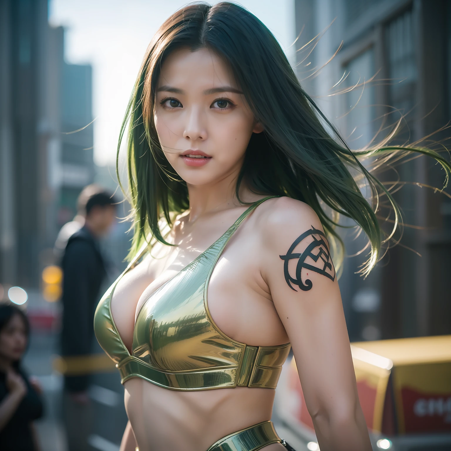 Award-winning photo from the waist up, green-haired woman showing face, alone, from torso up, with cybernetic enhancements with tattoo of magical symbols, in front of cyberpunk buildings, vibrant, photorealistic, hyperrealism, strong impressionist painting style, 1,618, elegant, ethereal, intricate, elaborate, hyper-realism, hyper-detailed, strong expressiveness and emotionality, cinematic lighting, visual clarity