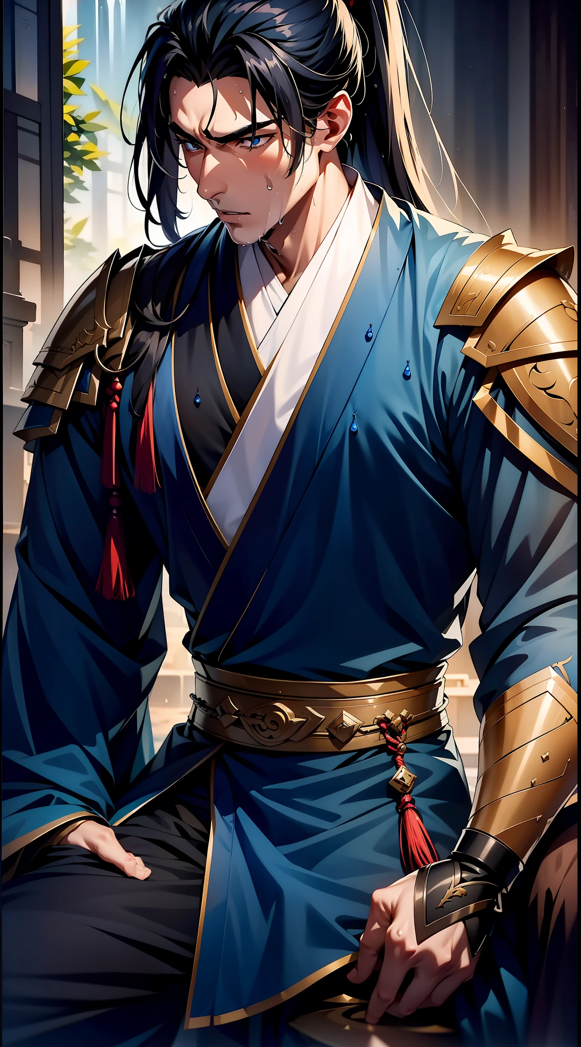 quadratic element,style of anime,mtu(Male Warrior),closeup of face,musculature,The proportions are correct,Face details,swordsmen,High ponytail hairstyle,perspired,Sweat on the face,drools,Neck details,There is an Adam's apple,Get wet,Drenched,white hanfu,kaftan,Embroidered robes,Robe,clothes details,Handing over,longer sleeves,Wear arm guards、Armour,Game quality,Swordsmanship,Light and shadow tracking,Ray traching,detailed glow,cg render,hair detail,blue colored eyes(eyes glowing),cabelos preto e longos,Sweat on the face,Handsome,Handsome,Beads of sweat slipped down my neck,(juvenile sense),Clothing is complicated,Drenched,Get wet,Perfectcomposition,Refinement,high qulity,higher details,Lots of details,The background is complex,a sense of atmosphere,facial closeups,