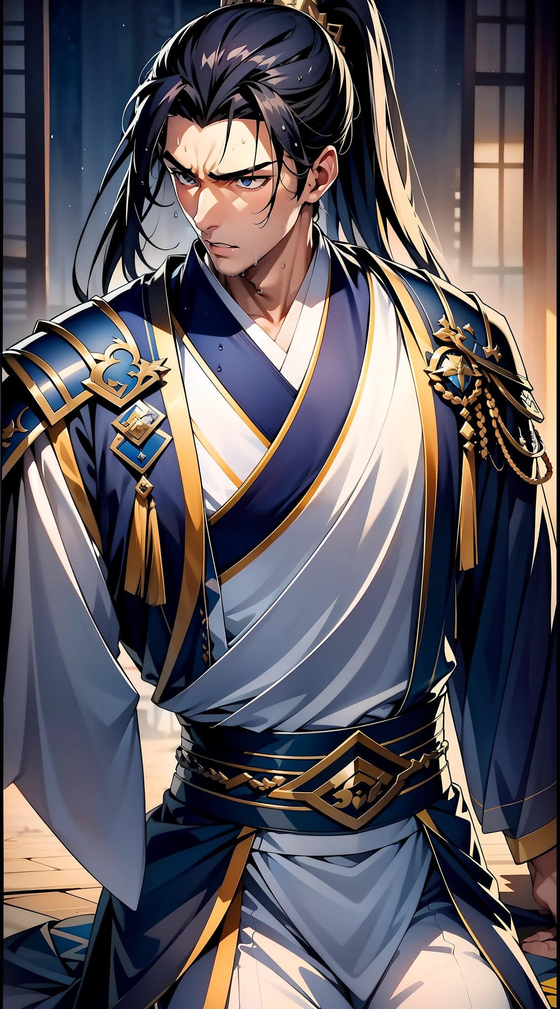 quadratic element，style of anime，mtu（Male Warrior），closeup of face，musculature，The proportions are correct，Face details，swordsmen，High ponytail hairstyle，perspired，Sweat on the face，drools，Neck details，There is an Adam's apple，Get wet，Drenched，white hanfu，kaftan，Embroidered robes，Robe，clothes details，Handing over，longer sleeves，Wear arm guards、Armour，Game quality，Swordsmanship，Light and shadow tracking，Ray traching，detailed glow，cg render，hair detail，blue colored eyes（eyes glowing），cabelos preto e longos，Sweat on the face，Handsome，Handsome，Beads of sweat slipped down my neck，（juvenile sense），Clothing is complicated，Drenched，Get wet，Perfectcomposition，Refinement，high qulity，higher details，Lots of details，The background is complex，a sense of atmosphere，facial closeups，