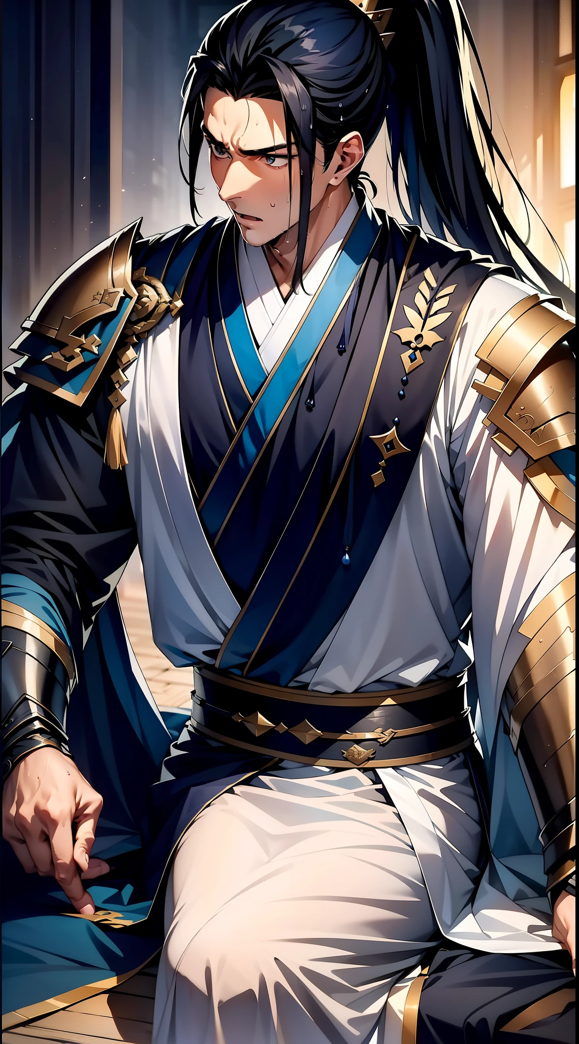 quadratic element，style of anime，mtu（Male Warrior），closeup of face，musculature，The proportions are correct，Face details，swordsmen，High ponytail hairstyle，perspired，Sweat on the face，drools，Neck details，There is an Adam's apple，Get wet，Drenched，white hanfu，kaftan，Embroidered robes，Robe，clothes details，Handing over，longer sleeves，Wear arm guards、Armour，Game quality，Swordsmanship，Light and shadow tracking，Ray traching，detailed glow，cg render，hair detail，blue colored eyes（eyes glowing），cabelos preto e longos，Sweat on the face，Handsome，Handsome，Beads of sweat slipped down my neck，（juvenile sense），Clothing is complicated，Drenched，Get wet，Perfectcomposition，Refinement，high qulity，higher details，Lots of details，The background is complex，a sense of atmosphere，facial closeups，