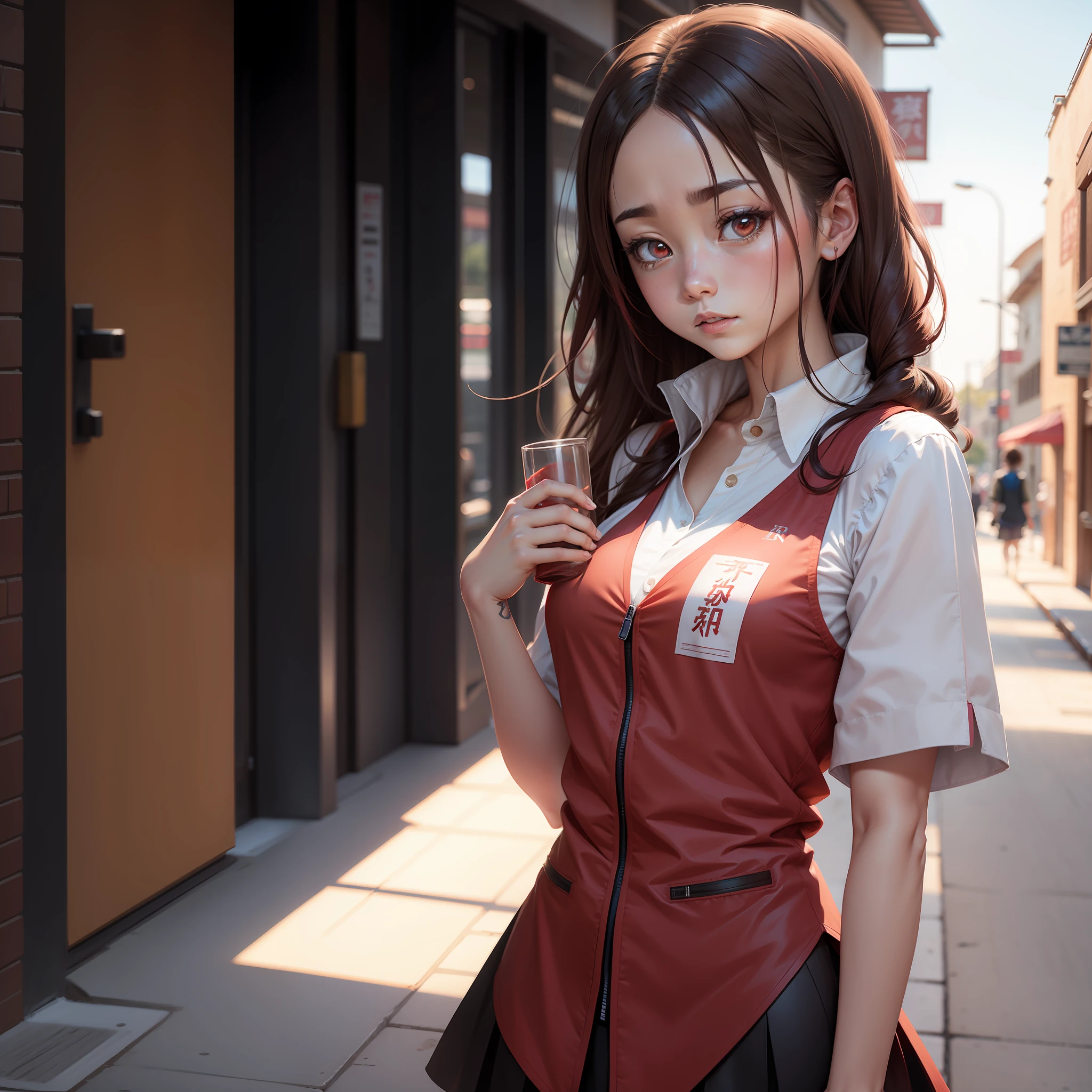 An anime girl with a rag，8k，Wearing a red vest。