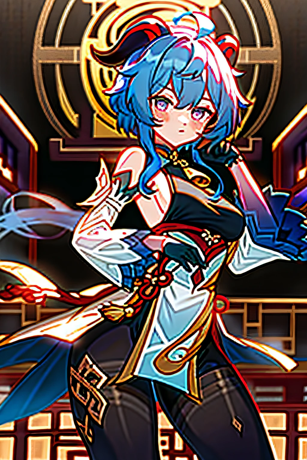 Zhongli\(genshin impact\), 1girl, ahoge, buliding, By bangs, cropped shoulders, bell, Black gloves, Black tights, ((blue hair)), Blushlush, breasts, Chinese knot, the sleeve, east asian architecture, flower knot, mitts, cow horn, long whitr hair, looking at viewert, middlebreast, Neckbells, the night, exteriors, lacepantyhose, purpleeyes, temple, solo, nipple tassels, White sleeves, ((masterpiece))