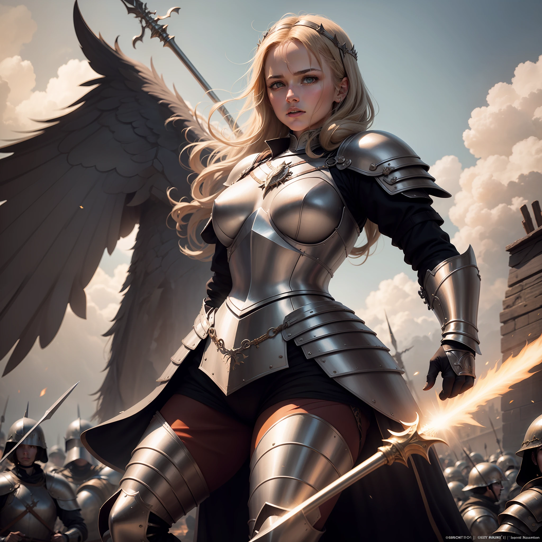 Joan of Arc in Full Armor Leading Medieval Europe ::5 Spear-wielding、Radiate God's Light ::4 An atmosphere of determination and courage ::3 Detailed visualization of armor, arma, and the attire of the era ::2 Powerful and inspiring historical scenes ::1 50 --s 2
