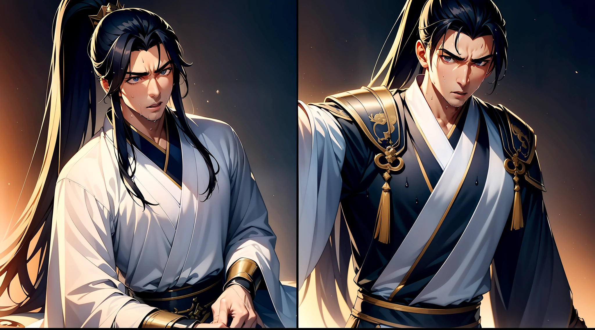 quadratic element,style of anime,mtu(Male Warrior),closeup of face,musculature,The proportions are correct,Face details,swordsmen,High ponytail hairstyle,perspired,Sweat on the face,drools,Neck details,There is an Adam's apple,Get wet,Drenched,White Hanfu,kaftan,Embroidered robes,Robe,clothes details,Handing over,longer sleeves,Wear arm guards、Armour,Game quality,Swordsmanship,Light and shadow tracking,Ray traching,detailed glow,cg render,hair detail,blue colored eyes(eyes glowing),cabelos preto e longos,Sweat on the face,Handsome,Handsome,Beads of sweat slipped down my neck,(juvenile sense),Clothing is complicated,Drenched,Get wet,Perfectcomposition,Refinement,high qulity,higher details,Lots of details,The background is complex,a sense of atmosphere,facial closeups,