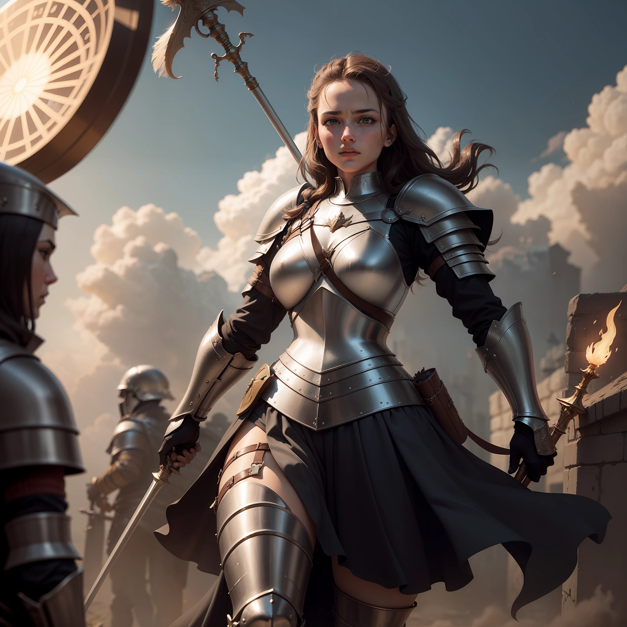 Joan of Arc in Full Armor Leading Medieval Europe ::5 Spear-wielding、Radiate God's Light ::4 An atmosphere of determination and courage ::3 Detailed visualization of armor, arma, and the attire of the era ::2 Powerful and inspiring historical scenes ::1 50 --s 2
