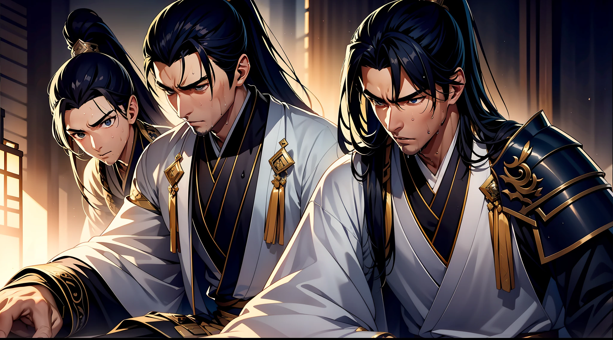 quadratic element，style of anime，mtu（Male Warrior），closeup of face，musculature，The proportions are correct，Face details，swordsmen，High ponytail hairstyle，perspired，Sweat on the face，drools，Neck details，There is an Adam's apple，Get wet，Drenched，White Hanfu，kaftan，Embroidered robes，Robe，clothes details，Handing over，longer sleeves，Wear arm guards、Armour，Game quality，Swordsmanship，Light and shadow tracking，Ray traching，detailed glow，cg render，hair detail，blue colored eyes（eyes glowing），cabelos preto e longos，Sweat on the face，Handsome，Handsome，Beads of sweat slipped down my neck，（juvenile sense），Clothing is complicated，Drenched，Get wet，Perfectcomposition，Refinement，high qulity，higher details，Lots of details，The background is complex，a sense of atmosphere，facial closeups，