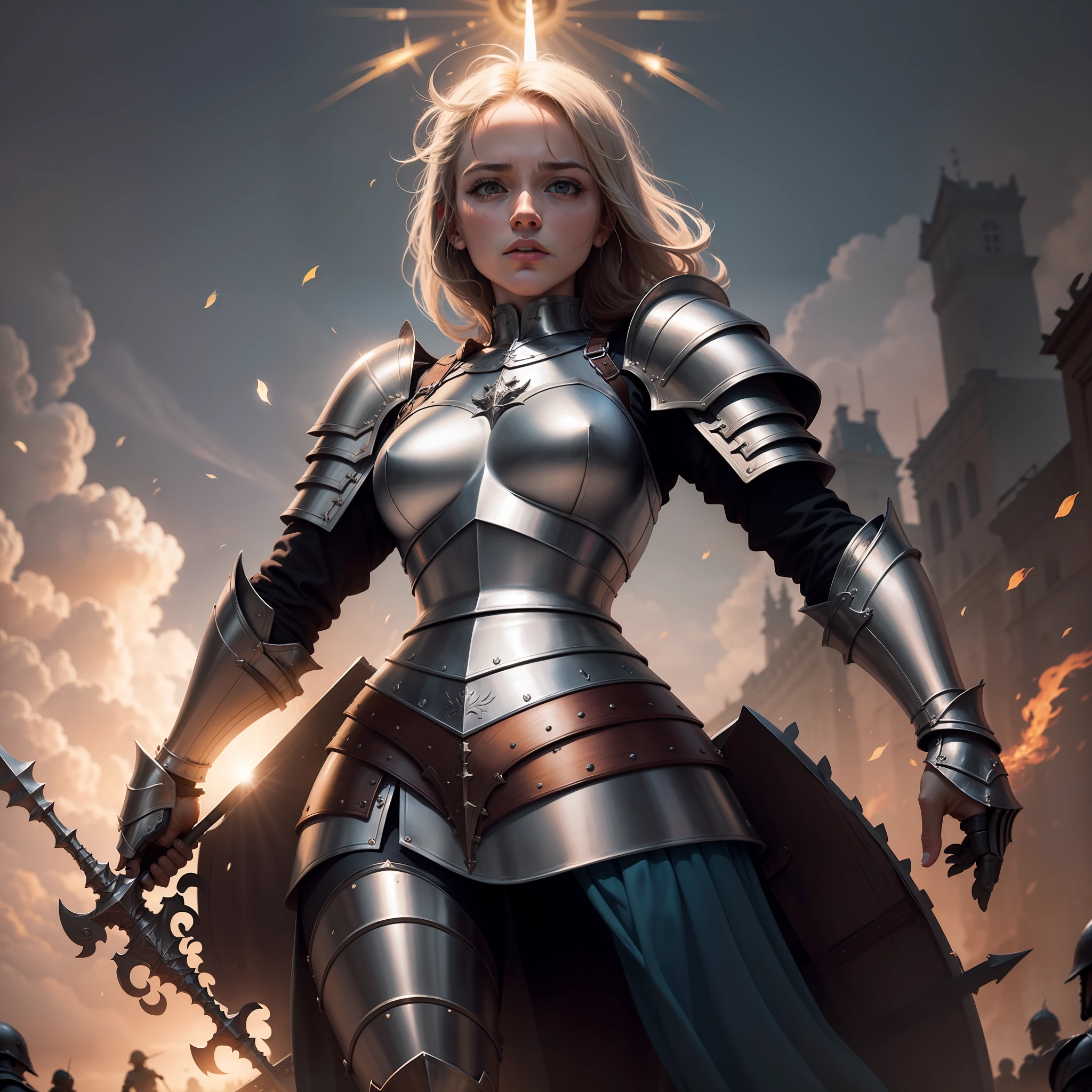 Joan of Arc in Full Armor Leading Medieval Europe ::5 Spear-wielding、Radiate God's Light ::4 An atmosphere of determination and courage ::3 Detailed visualization of armor, arma, and the attire of the era ::2 Powerful and inspiring historical scenes ::1 50 --s 2