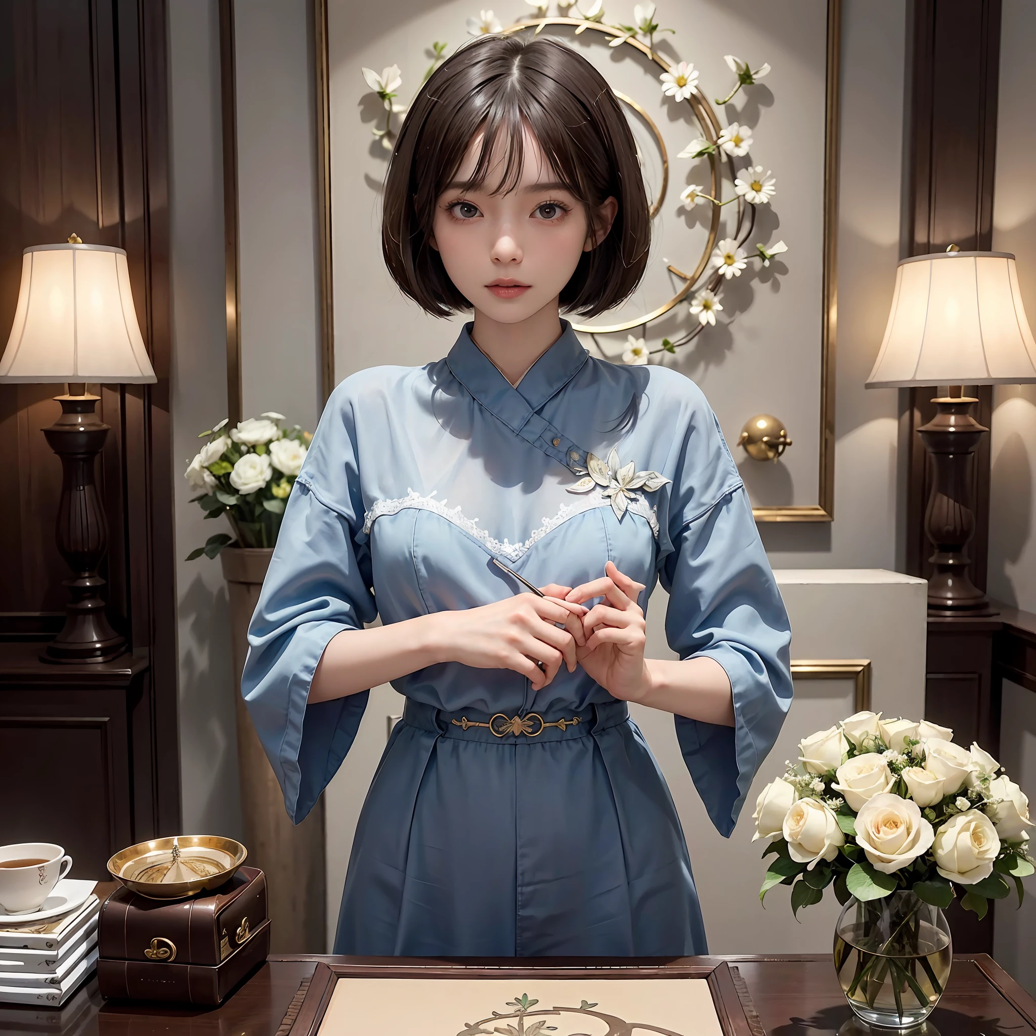 ​masterpiece, 1 beautiful girls, (((very_Short_hair))), Eye details, Swollen eyes, Top image quality, 超A high resolution, (Realistis: 1.4), OriginalPhotographs, 1girl in, Cinematographic lighting, japanes, Asian Beauty, Korean, very beautif, Beautiful skins, Thin, (A hyper-realistic), (hight resolution), (8 K), (ighly detailed), (The best illustrations), (beautifully detailed eyes), (ultra-detailliert), A detailed face, see the beholder, Facing straight ahead, Neat Clothing, shorth hair、A dark-haired、46-point diagonal bangs、Luxury hotel interior background、flower arrangement、vases、Neat and clean, Picture frame painting