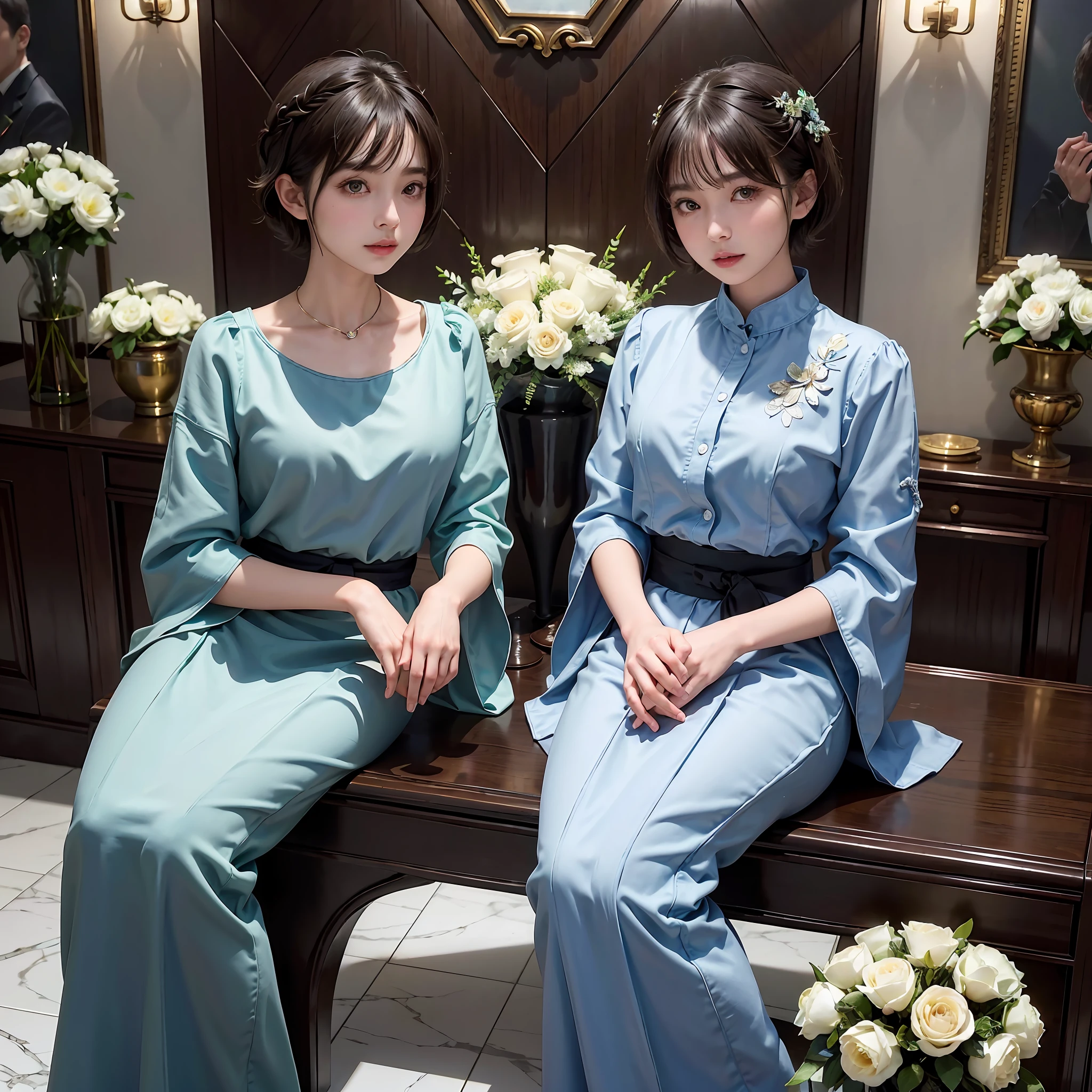 masterpiece, 1 beautiful girls, (((very_Short_hair))), Eye details, Swollen eyes, Top image quality, 超A high resolution, (Realistis: 1.4), OriginalPhotographs, 1girl in, Cinematographic lighting, japanes, Asian Beauty, Korean, very beautif, Beautiful skins, Thin, (A hyper-realistic), (hight resolution), (8 K), (ighly detailed), (The best illustrations), (beautifully detailed eyes), (ultra-detailliert), A detailed face, see the beholder, Facing straight ahead, Neat Clothing, shorth hair、A dark-haired、46-point diagonal bangs、Luxury hotel interior background、flower arrangement、vases、Neat and clean, Picture frame painting