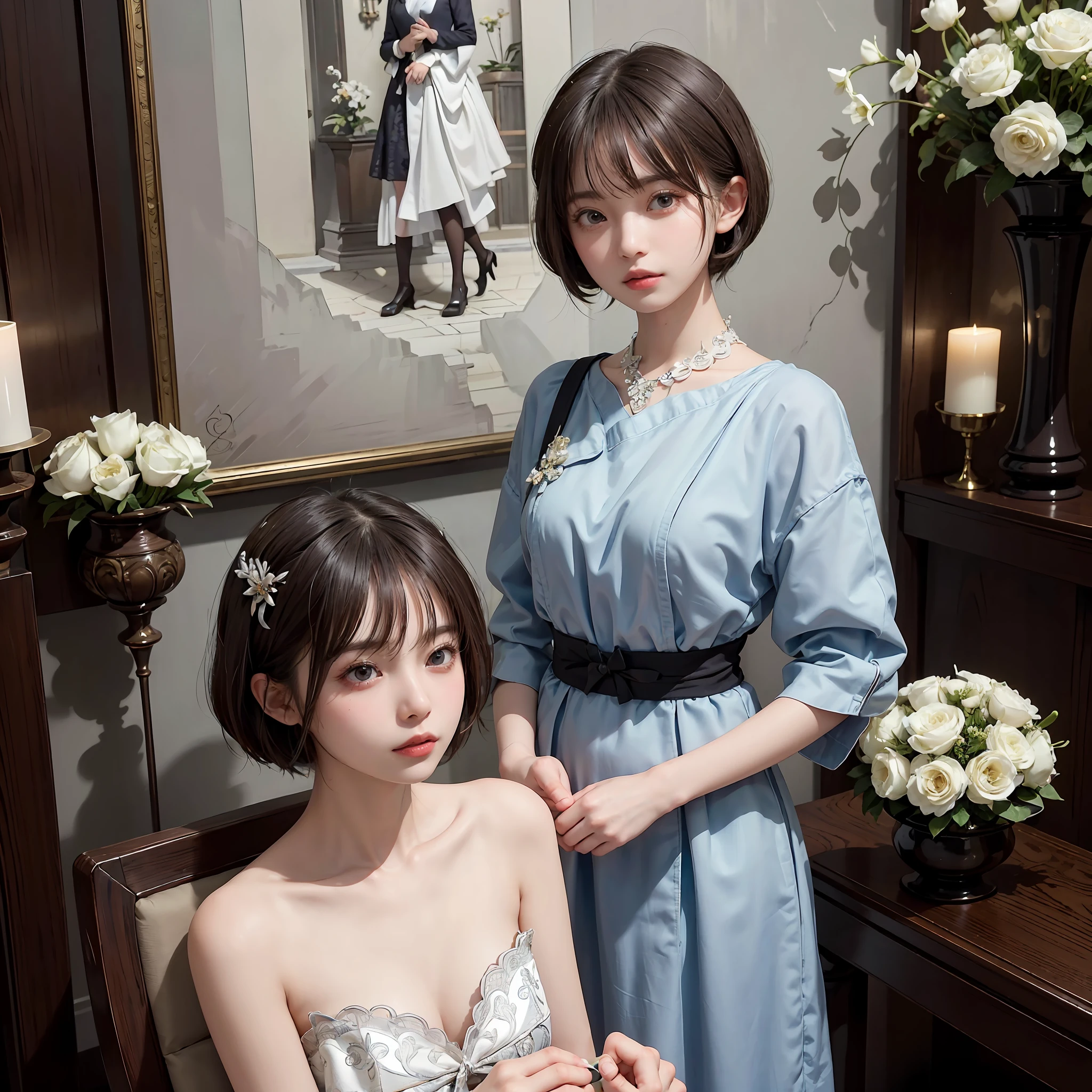 masterpiece, 1 beautiful girls, (((very_Short_hair))), Eye details, Swollen eyes, Top image quality, 超A high resolution, (Realistis: 1.4), OriginalPhotographs, 1girl in, Cinematographic lighting, japanes, Asian Beauty, Korean, very beautif, Beautiful skins, Thin, (A hyper-realistic), (hight resolution), (8 K), (ighly detailed), (The best illustrations), (beautifully detailed eyes), (ultra-detailliert), A detailed face, see the beholder, Facing straight ahead, Neat Clothing, shorth hair、A dark-haired、46-point diagonal bangs、Luxury hotel interior background、flower arrangement、vases、Neat and clean, Picture frame painting