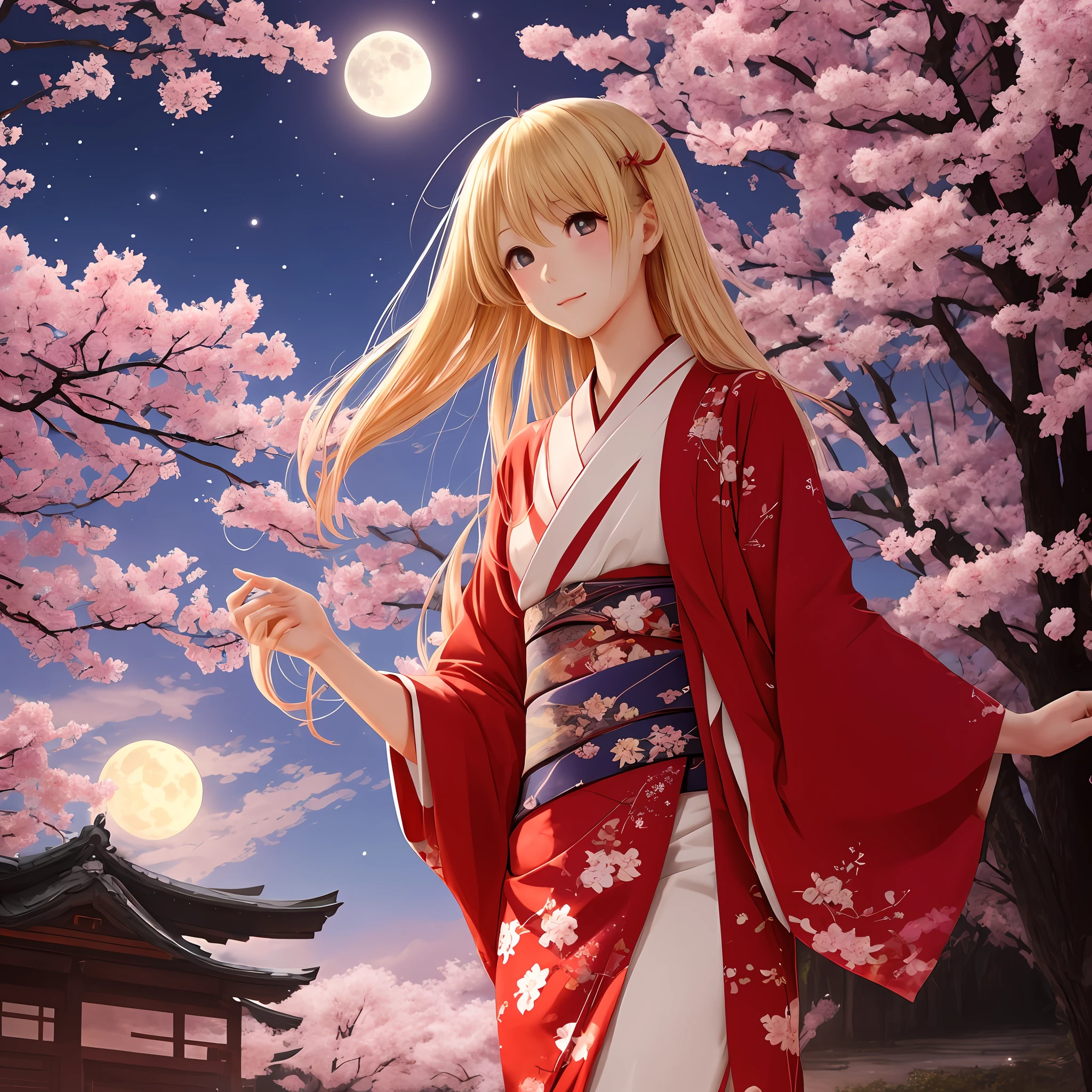 red blush、a blond、red eyes、Beautiful girl alone、animesque、独奏、Kimono、lonely、cherry trees、natta、a moon --auto