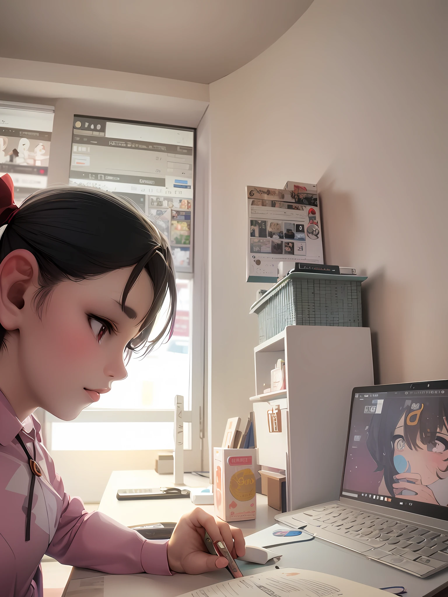 there is a girl sitting at a desk with a laptop and headphones, adorable digital painting, cute digital art, cute detailed digital art, lofi girl, digital anime illustration, lofi portrait, artwork in the style of guweiz, beautiful digital illustration, realistic cute girl painting, beautiful digital artwork, digital art on pixiv, studyng in bedroom