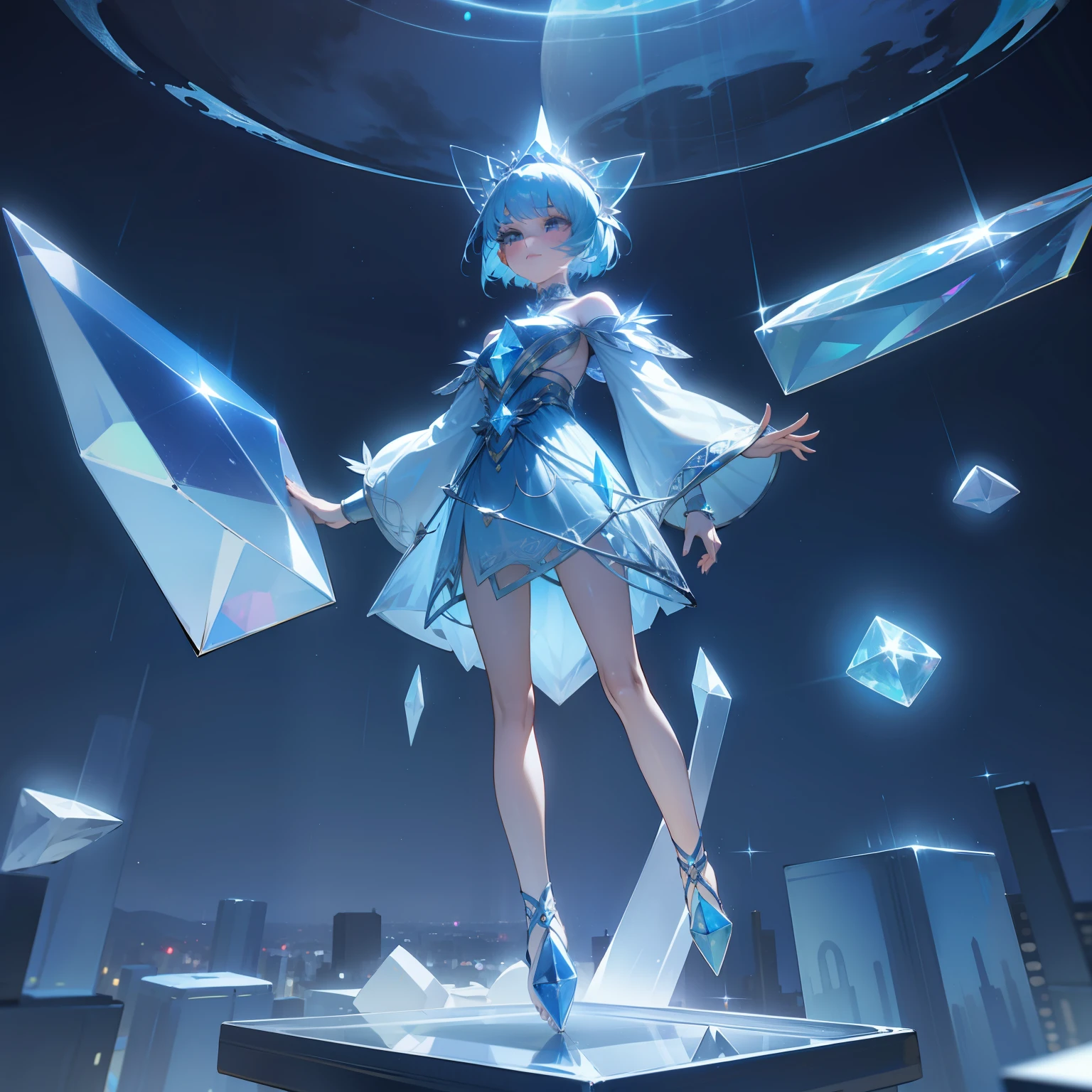 Goddess standing on a flying sacred cubic body, crystal cube with iridescent patterns, overlooking fantasy night city, clear-cut face long eyelashes blue short hair, moon starry night sky, mysterious, 3d fantasy, immersive