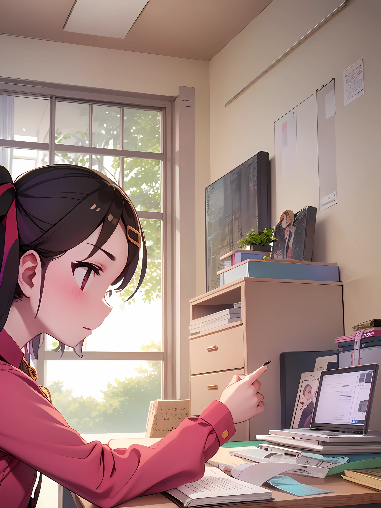 There was a girl sitting at her desk,Desk, laptop,Bedroom study,holding a pen,looking at book,Warm,bright,18yo Girl,Learn