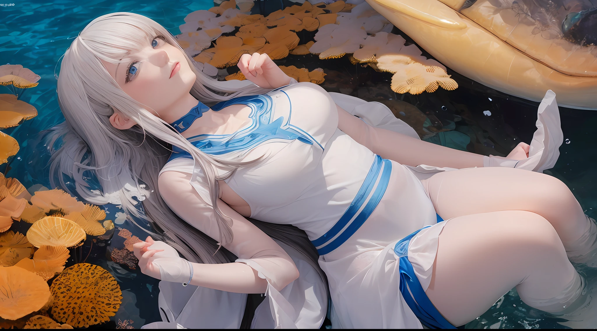 (Overlooking the perspective),dynamic angle,Super meticulous,illustratio,closeup cleavage,Looking directly at,one-girl,(fanciful:1.4),(Blue eyes:1.233),Her eyes shone like dreamy stars,(glowing light eyes:1.233) ,(美丽细致的眼睛:1.1),(silber hair:1.14),(messy  hair,Very long hair,french braid,Hair between both eyes,Lateral hair),(Hanfu,Uniform white flower pattern，Pure white dancing socks),(Wide sleeves),(Fingerless gloves),choker necklace,(miko thighhighs),Barefoot,(Lie down),(standing on your feet), (The corals，glowing jellyfish，ocean floor，Light and shadow interlace, All kinds of fish,Light in the water ),(flor branca,full bloom),(flowingwater),(Deep blue ocean world:1.14),(废墟),(natta:1.2 ),Dreamy,soul,(Fluorescence),(Deep in the sea),[Delicate fingers and hands],(Finger details),(yubao:0.5),3D，full bodyesbian，the detail，Background bokeh，high qulity，high detal，deep v big breasts，nedium breasts，Expose cleavage，Titillating，Inside the sea，The sea water flooded the entire body，Underwater，Dragon Palace，Inside the water，dive，Scuba diving，Inside the water，Underwater world，Underwater world，ocean floor background，Water ripple light，swimmning，Single player scenario