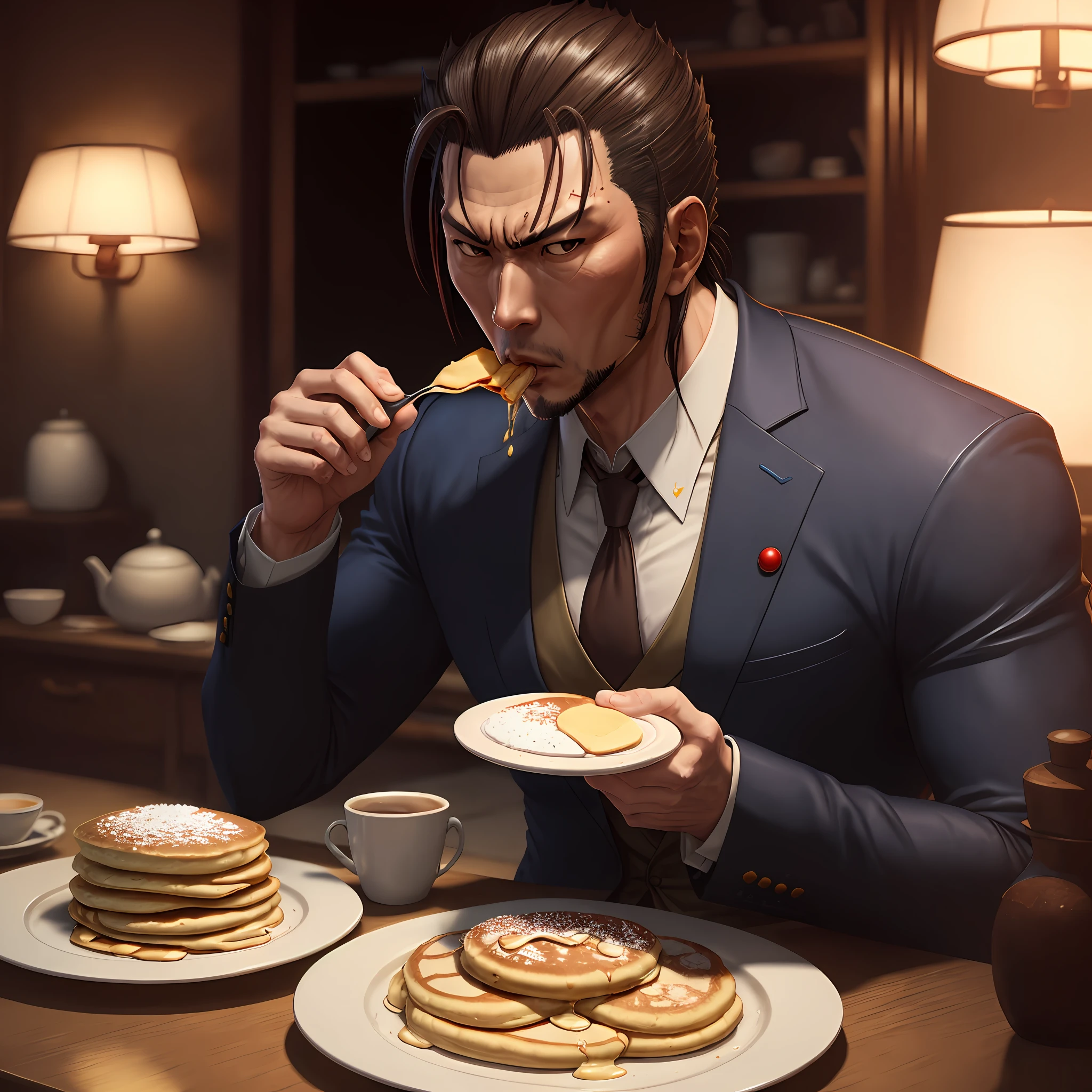 Kiryu Kazuma from yakuza game, eating pancakes --auto