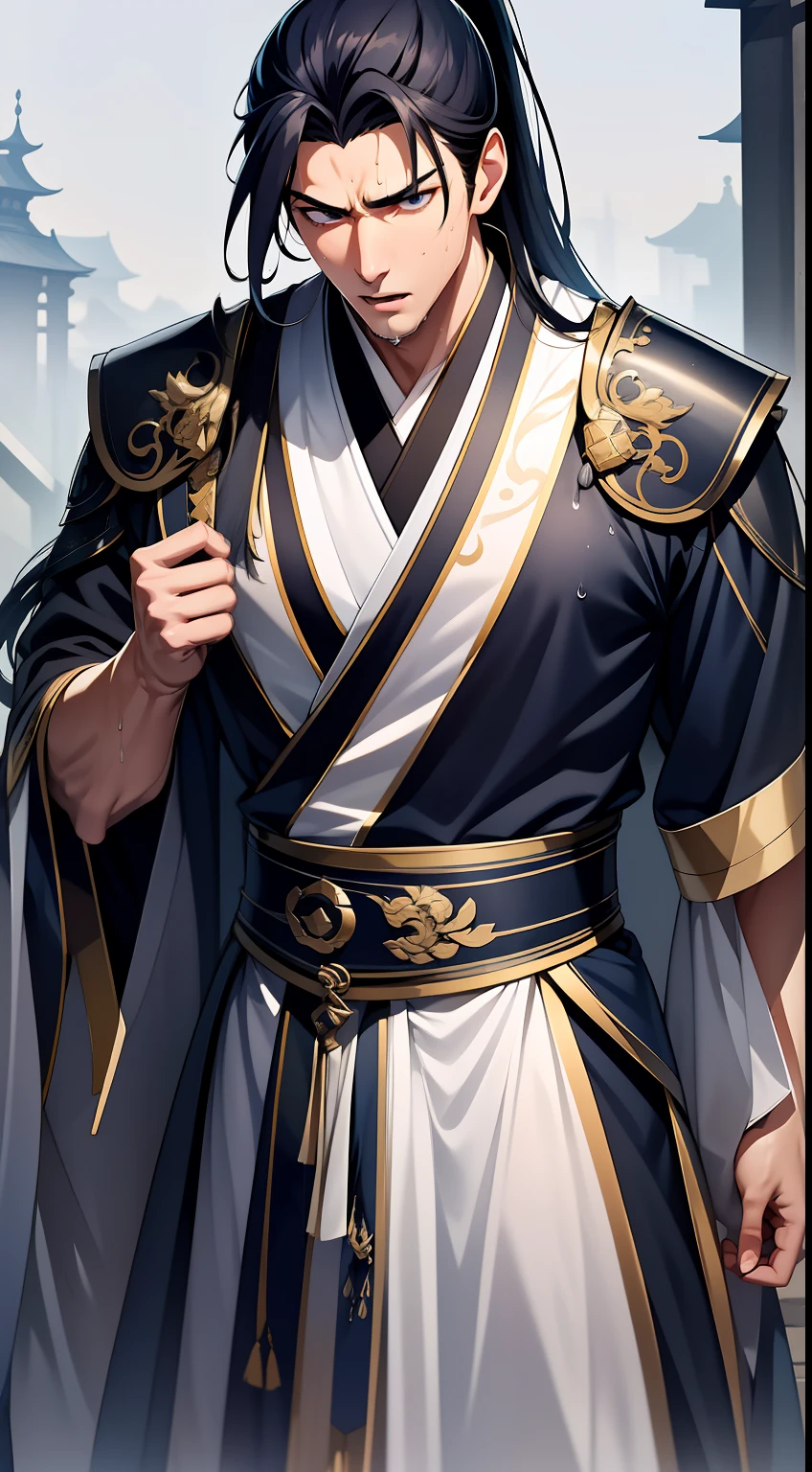 quadratic element,style of anime,mtu(Male Warrior),closeup of face,musculature,The proportions are correct,Face details,swordsmen,High ponytail hairstyle,perspired,Sweat on the face,drools,Neck details,There is an Adam's apple,Get wet,Drenched,Hanfu costume,kaftan,Embroidered robes,Robes,clothes details,Handing over,longer sleeves,Game quality,Swordsmanship,Light and shadow tracking,Ray traching,detailed glow,cg render,hair detail,eBlue eyes(eyes glowing),cabelos preto e longos,Golden eyes,Sweat on the face,Handsome,Handsome,Beads of sweat slipped down my neck,(juvenile sense),Clothing is complicated,Drenched,Get wet,Perfectcomposition,Refinement,high qulity,higher details,Lots of details,The background is complex,a sense of atmosphere,facial closeups,