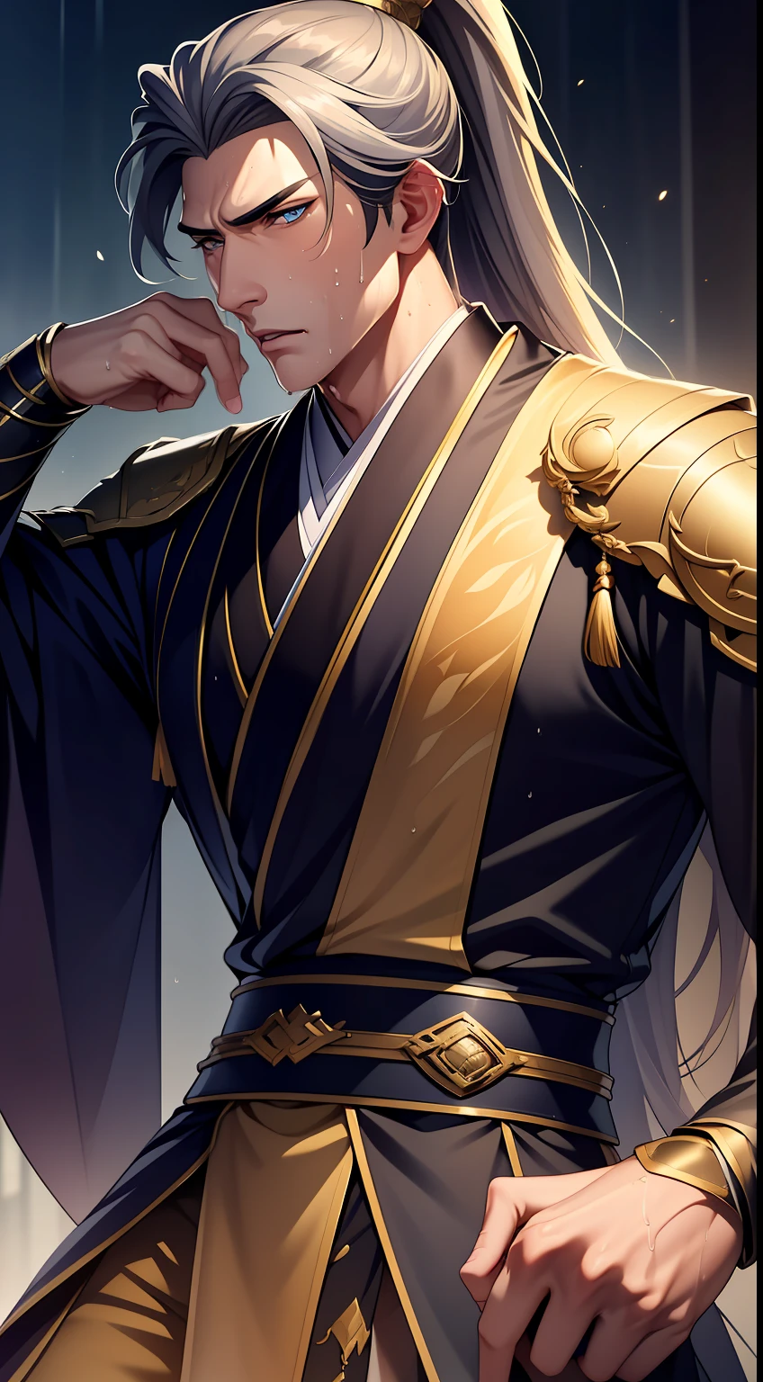 quadratic element,style of anime,mtu(Male Warrior),closeup of face,musculature,The proportions are correct,Face details,swordsmen,High ponytail hairstyle,perspired,Sweat on the face,drools,Neck details,There is an Adam's apple,Get wet,Drenched,Hanfu costume,kaftan,Embroidered robes,Robes,clothes details,Handing over,longer sleeves,Game quality,Swordsmanship,Light and shadow tracking,Ray traching,detailed glow,cg render,hair detail,eBlue eyes(eyes glowing),cabelos preto e longos,Golden eyes,Sweat on the face,Handsome,Handsome,Beads of sweat slipped down my neck,(juvenile sense),Clothing is complicated,Drenched,Get wet,Perfectcomposition,Refinement,high qulity,higher details,Lots of details,The background is complex,a sense of atmosphere,facial closeups,