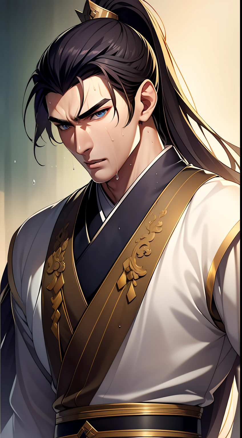quadratic element，style of anime，mtu（Male Warrior），closeup of face，musculature，The proportions are correct，Face details，swordsmen，High ponytail hairstyle，perspired，Sweat on the face，drools，Neck details，There is an Adam's apple，Get wet，Drenched，Hanfu costume，kaftan，Embroidered robes，Robes，clothes details，Handing over，longer sleeves，Game quality，Swordsmanship，Light and shadow tracking，Ray traching，detailed glow，cg render，hair detail，eBlue eyes（eyes glowing），cabelos preto e longos，Golden eyes，Sweat on the face，Handsome，Handsome，Beads of sweat slipped down my neck，（juvenile sense），Clothing is complicated，Drenched，Get wet，Perfectcomposition，Refinement，high qulity，higher details，Lots of details，The background is complex，a sense of atmosphere，facial closeups，