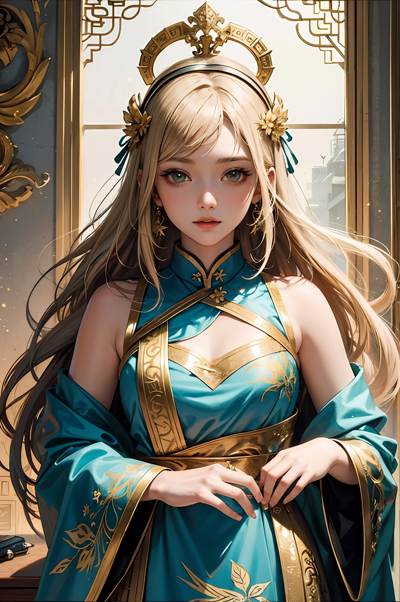 （tmasterpiece，top Quority，best qualtiy，offcial art，Beautiful and aesthetic：1.2），（1girll），Extremely detailed，Colorful，highestdetailed，offcial art，统一 8k 壁纸，ultra - detailed，Beautiful and aesthetic，Beautiful Chinese goddess,The blonde hair ornament on his head,The ears are large，tmasterpiece，best qualtiy，（zentangle，datura，Tangles，entangled），holy rays，gold foil，Gold leaf art，glitter drawing，PerfectNwsjMajic