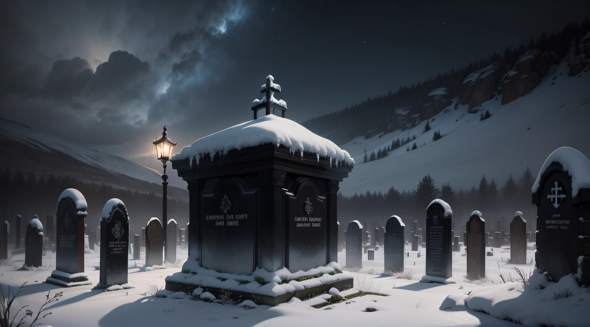 A medieval cemetery with only tombstones, cerca de madeira, no meio da neve, durante um inverno, noite, com um carvalho retorcido pelo inverno, iluminado com tochas, sad lighting, dramatic. Cena 8K, oil art.